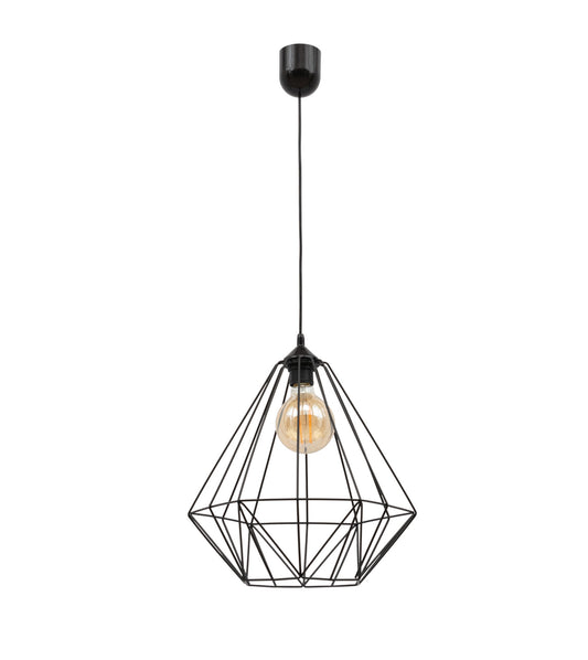 Lampa Benigne II 35x90 cm – widok studyjny z żarówką – czarna wisząca lampa sufitowa w formie geometrycznego klosza z widoczną żarówką dekoracyjną.