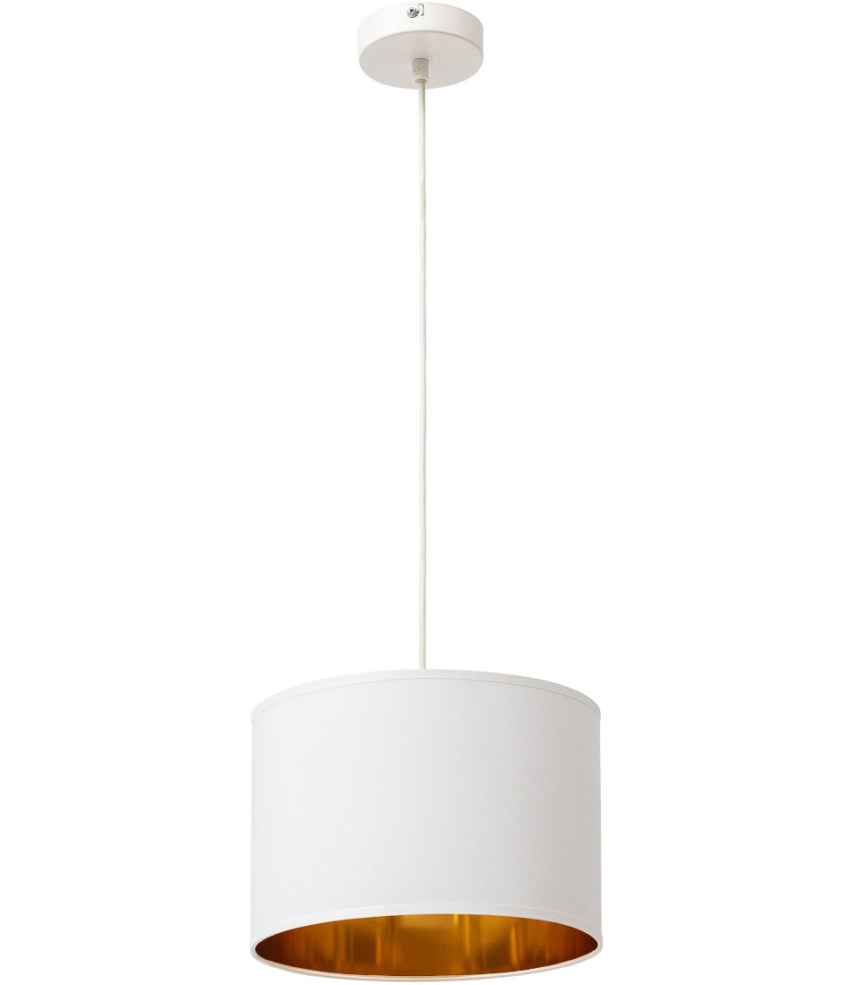 Biało-złota lampa wisząca Vespillo z cylindrycznym abażurem wykończonym od wewnątrz złotą powłoką, zawieszona na pojedynczym przewodzie, na białym tle.