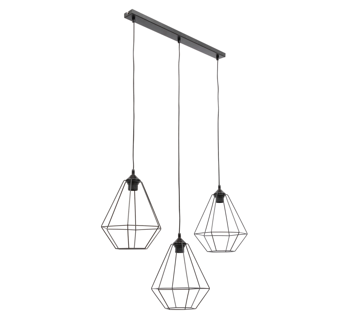 Lampa wisząca Brevitas 70x110 cm – widok studyjny bez żarówek – designerska lampa z trzema czarnymi metalowymi kloszami o geometrycznym kształcie.