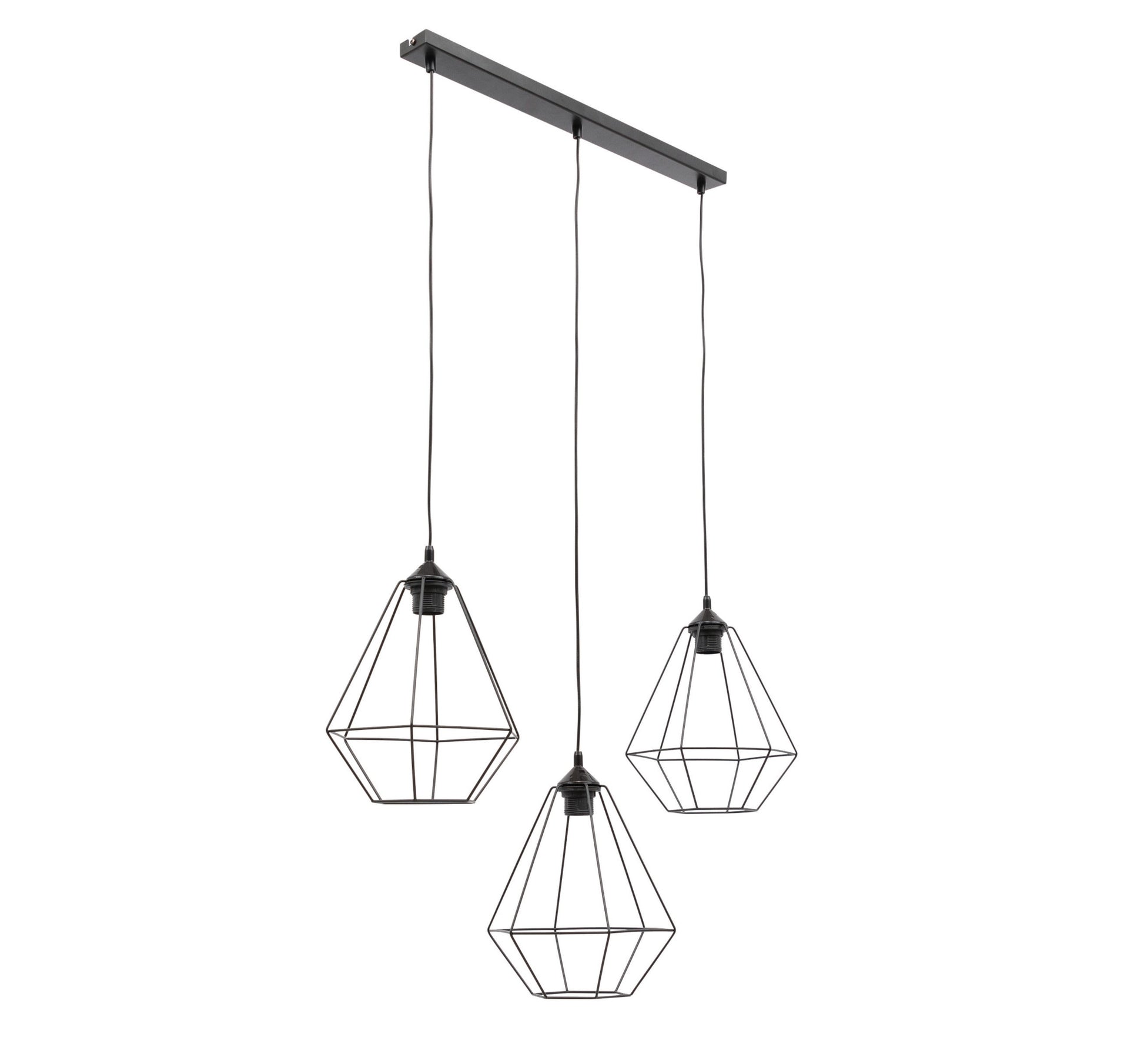 Lampa wisząca Brevitas 70x110 cm – widok studyjny bez żarówek – designerska lampa z trzema czarnymi metalowymi kloszami o geometrycznym kształcie.
