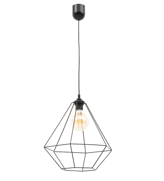 Lampa wisząca Brevitas I 35x90 cm – widok studyjny z żarówką – nowoczesna lampa sufitowa w stylu loftowym z czarnym geometrycznym kloszem i dekoracyjną żarówką.