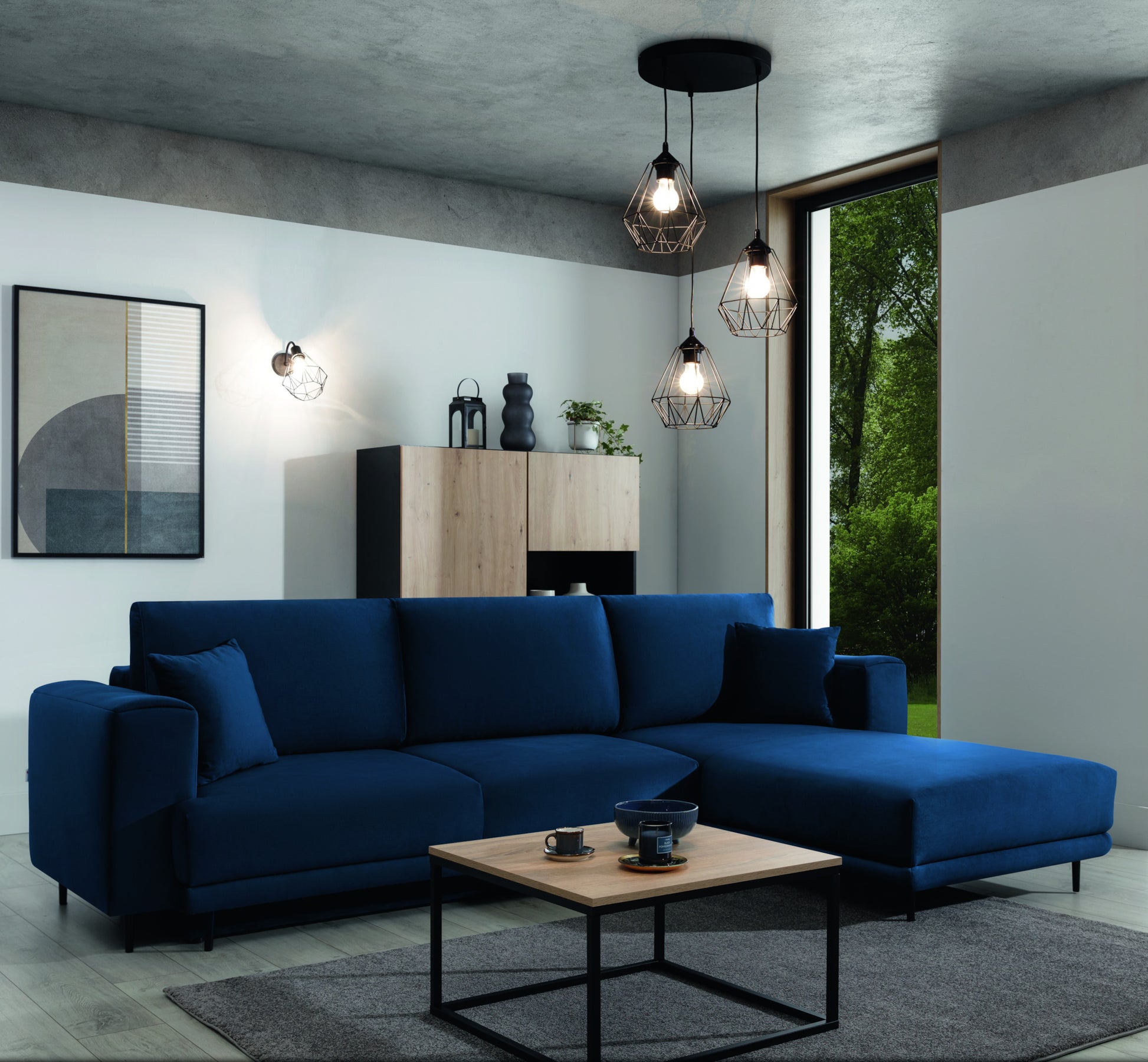 Lampa wisząca Bendinni czarna 44x110 cm w nowoczesnym salonie – oświetlenie sufitowe nad strefą wypoczynku