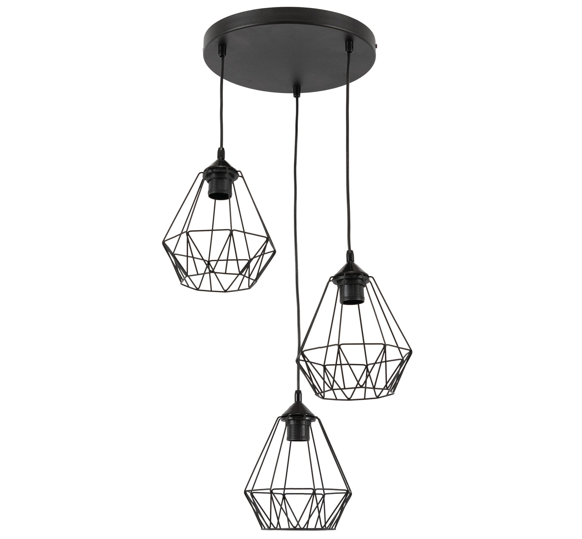 Lampa wisząca Bendinni czarna 44x110 cm – widok produktu z boku na białym tle, trzy zwisy z drucianymi kloszami