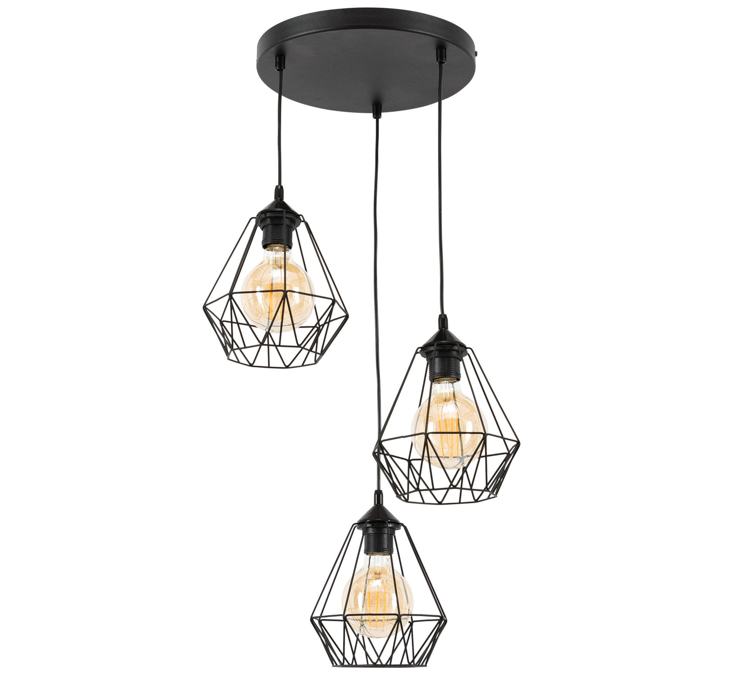 Lampa wisząca Bendinni czarna 44x110 cm – trzy geometryczne klosze na okrągłej podsufitce, packshot na białym tle