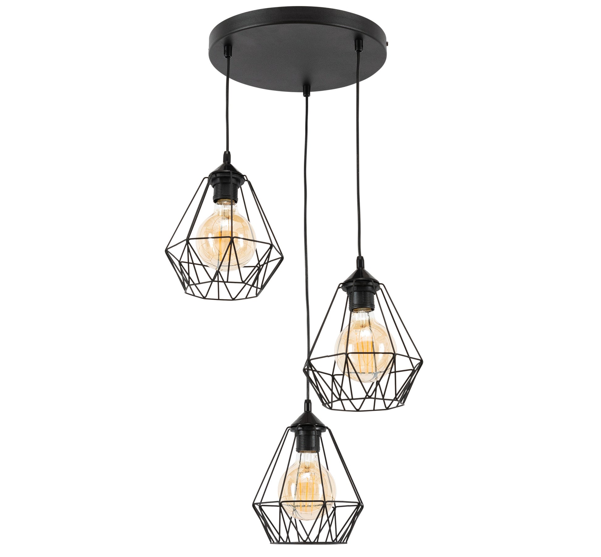 Lampa wisząca Bendinni czarna 44x110 cm – trzy geometryczne klosze na okrągłej podsufitce, packshot na białym tle