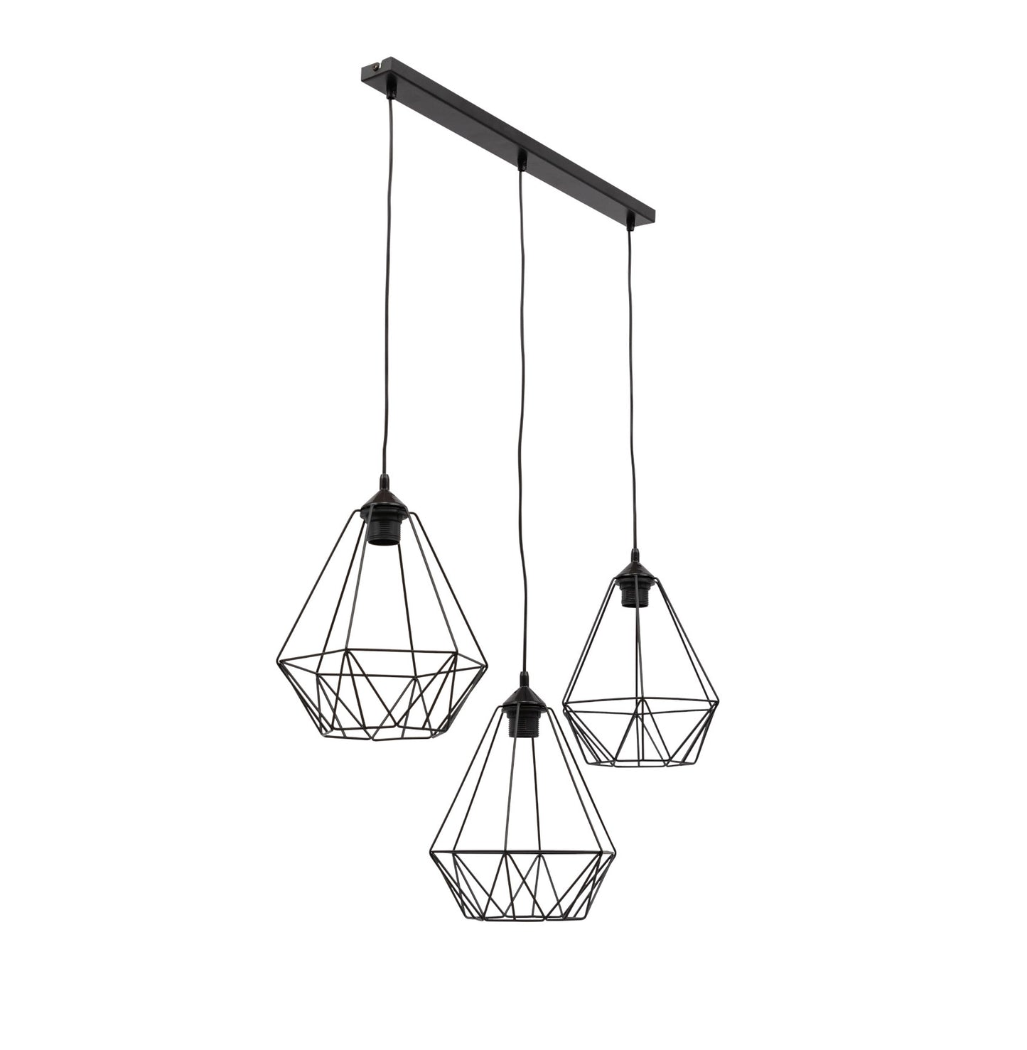 Lampa wisząca Bendinni czarna 74x110 cm – widok produktu na białym tle, trzy zwisy z metalowymi kloszami