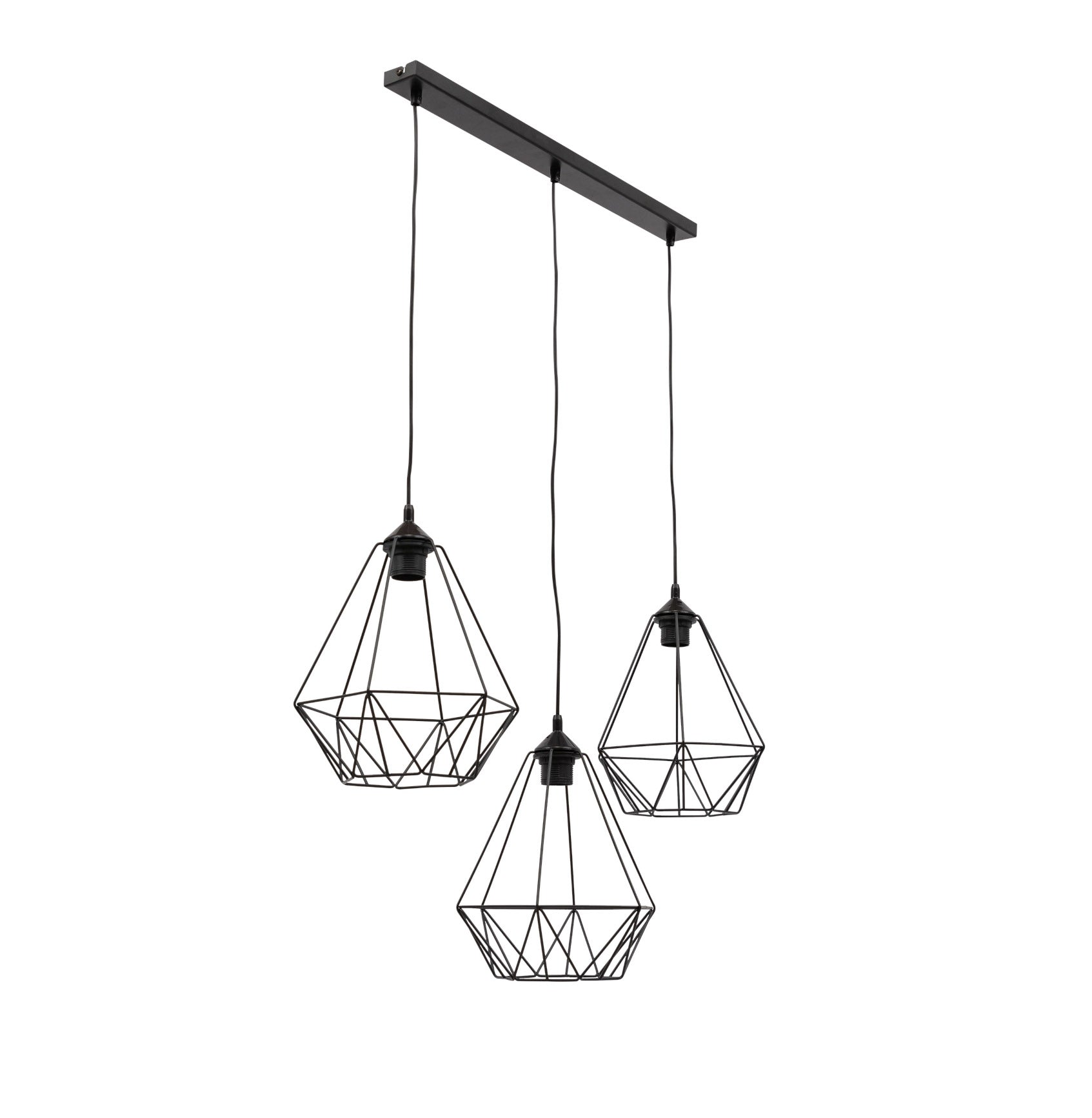 Lampa wisząca Bendinni czarna 74x110 cm – widok produktu na białym tle, trzy zwisy z metalowymi kloszami