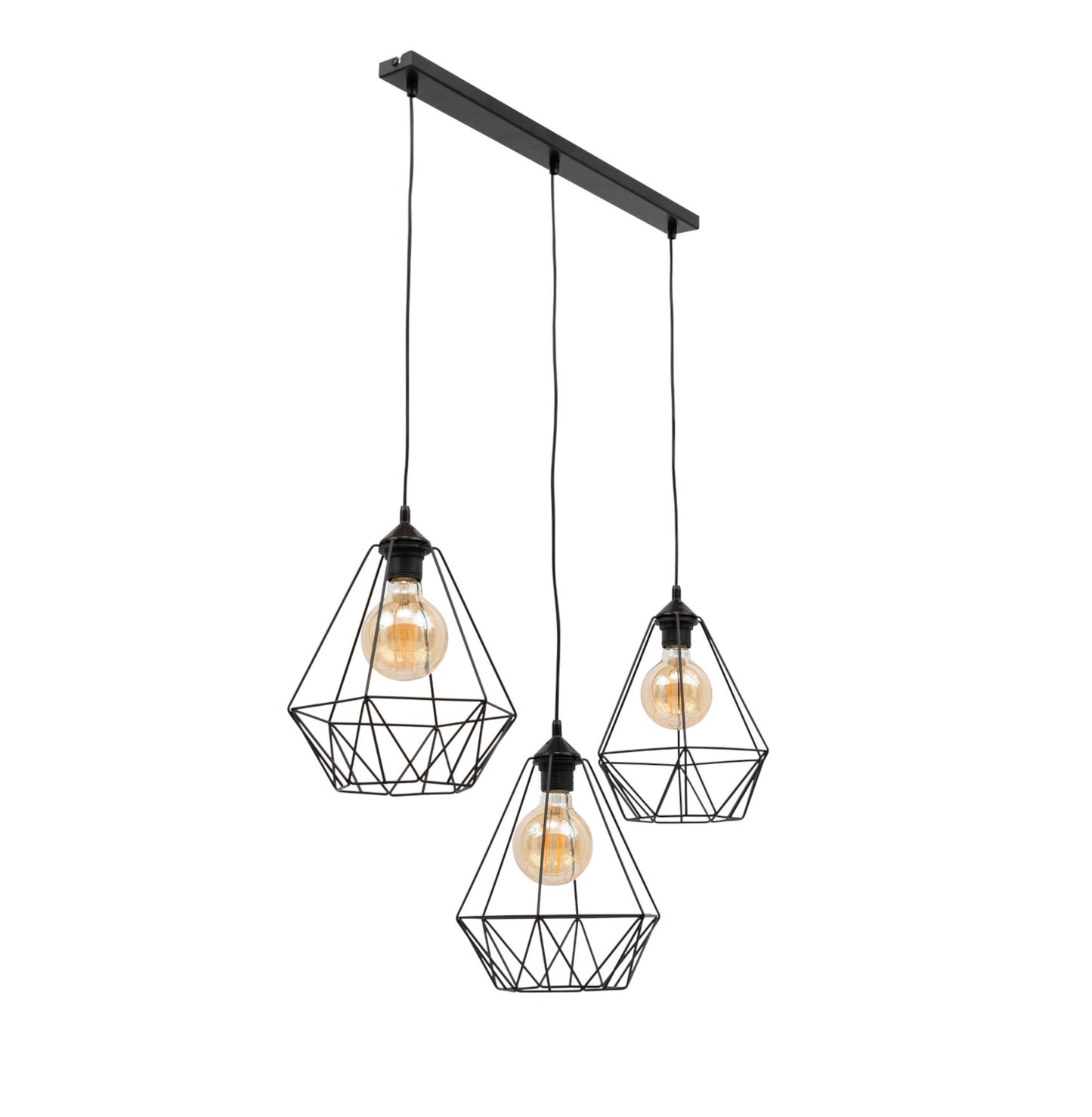 Lampa wisząca Bendinni czarna 74x110 cm – potrójny zwis z trzema geometrycznymi kloszami, packshot na białym tle