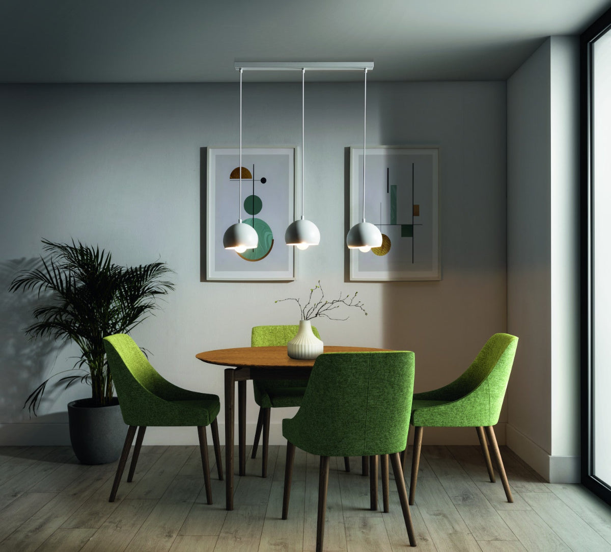 Lampa wisząca Callide 3 biała 65×110 cm – aranżacja w jadalni