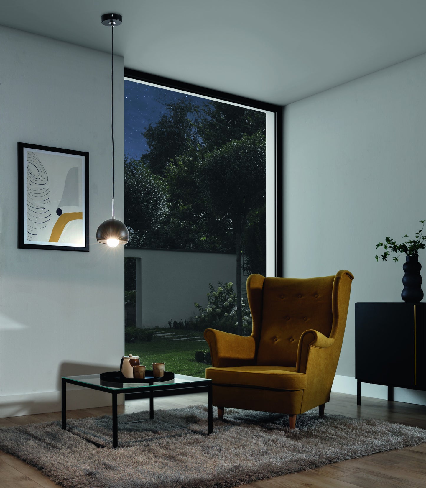Lampa wisząca Canonus czarna 15x110 cm w aranżacji wnętrza – minimalistyczne oświetlenie punktowe