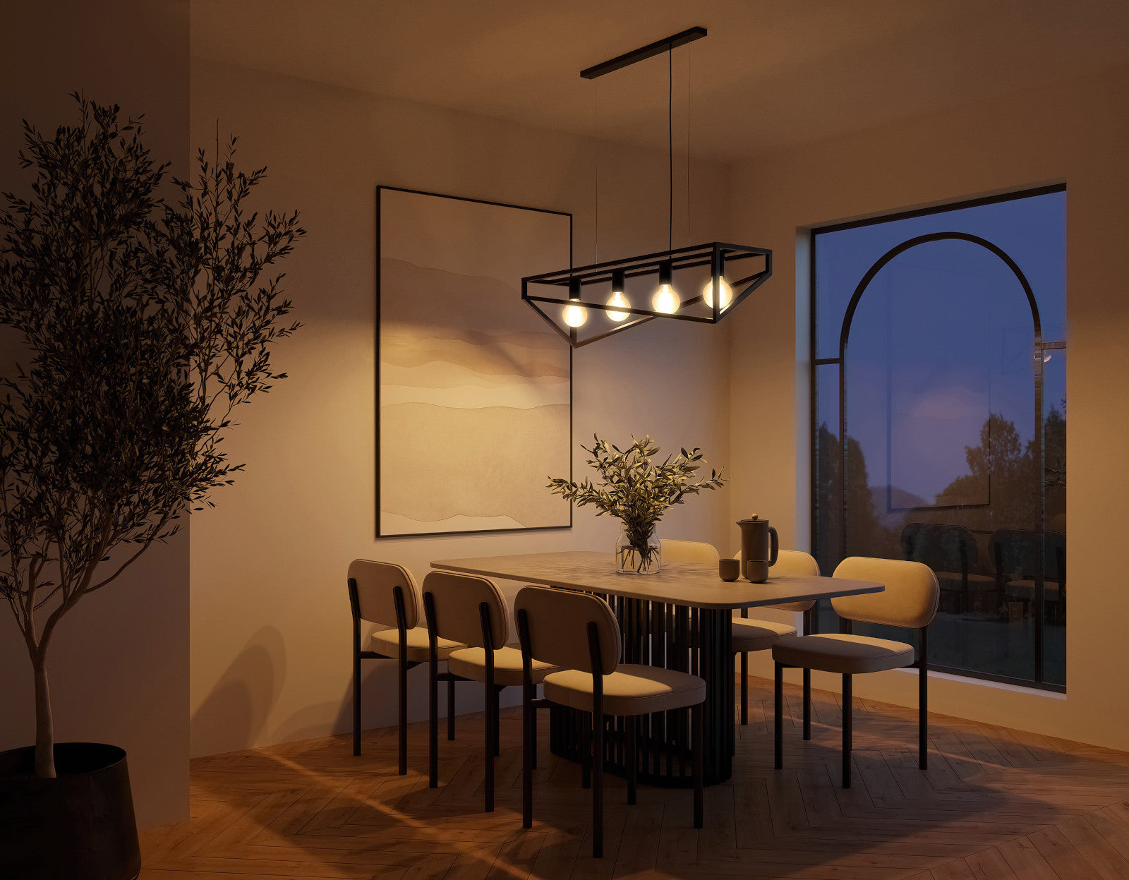 Lampa wisząca Eluvies czarna 25×125 cm – aranżacja w jadalni (wieczór)