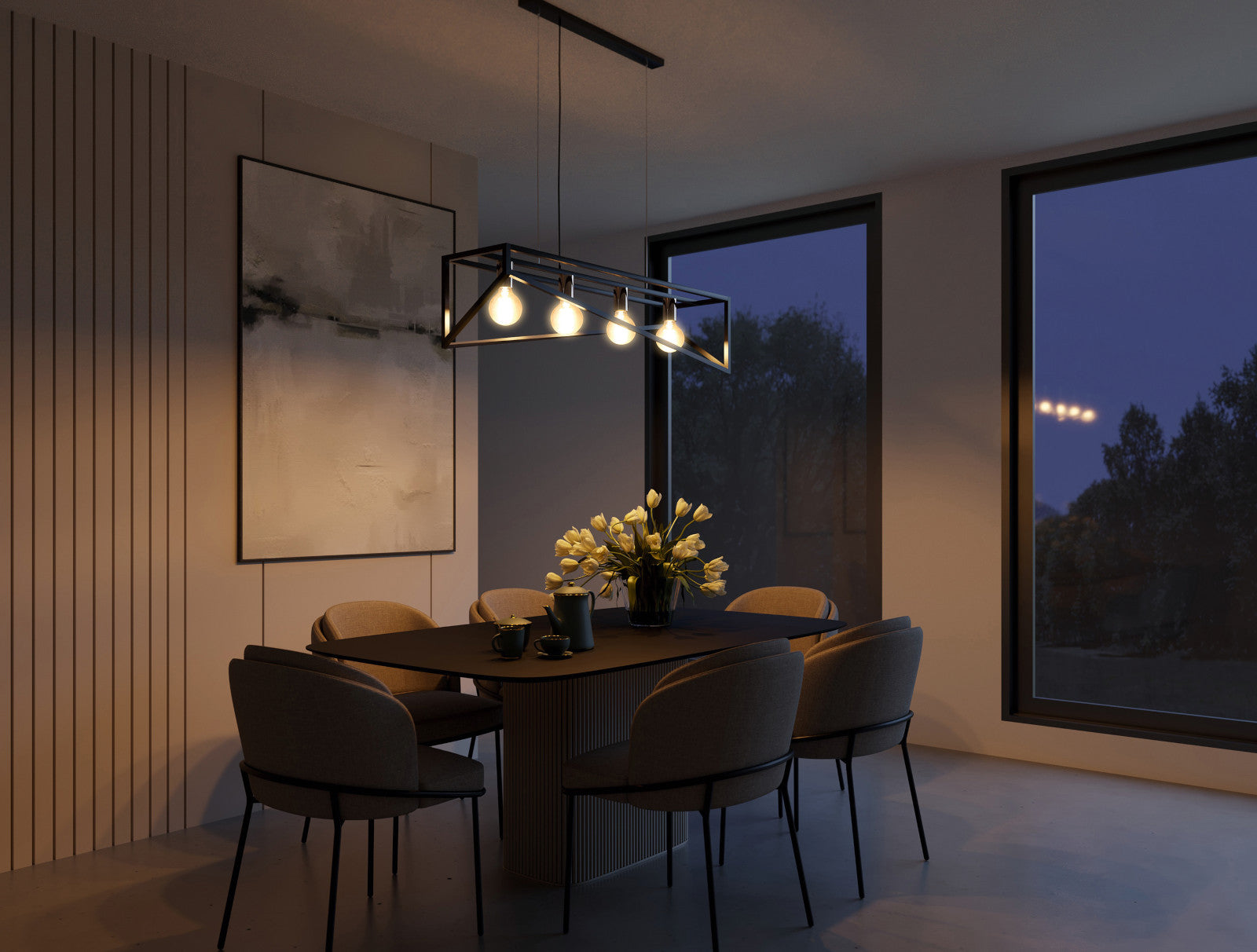 Lampa wisząca Eluvies czarno-złota 25×125 cm – aranżacja w jadalni (wieczór)