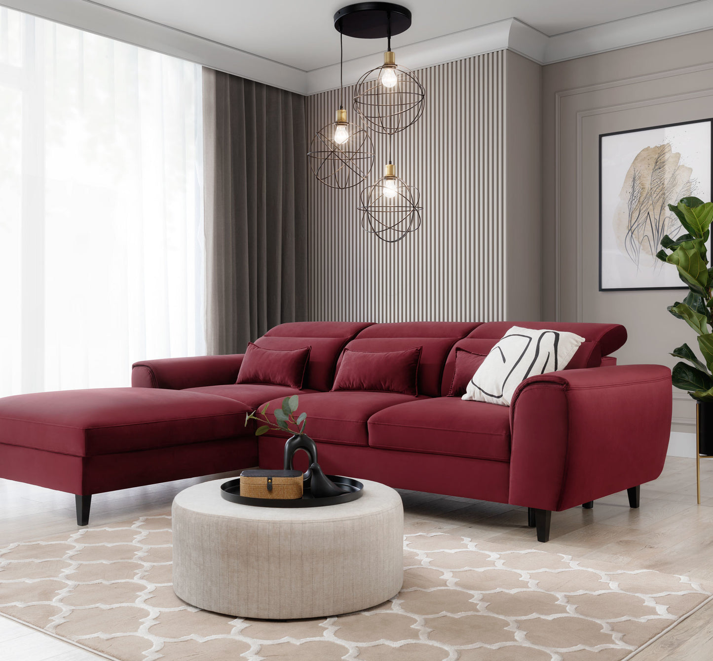 Lampa wisząca potrójna Olinto czarna 52×120 cm – aranżacja w salonie (dzień)