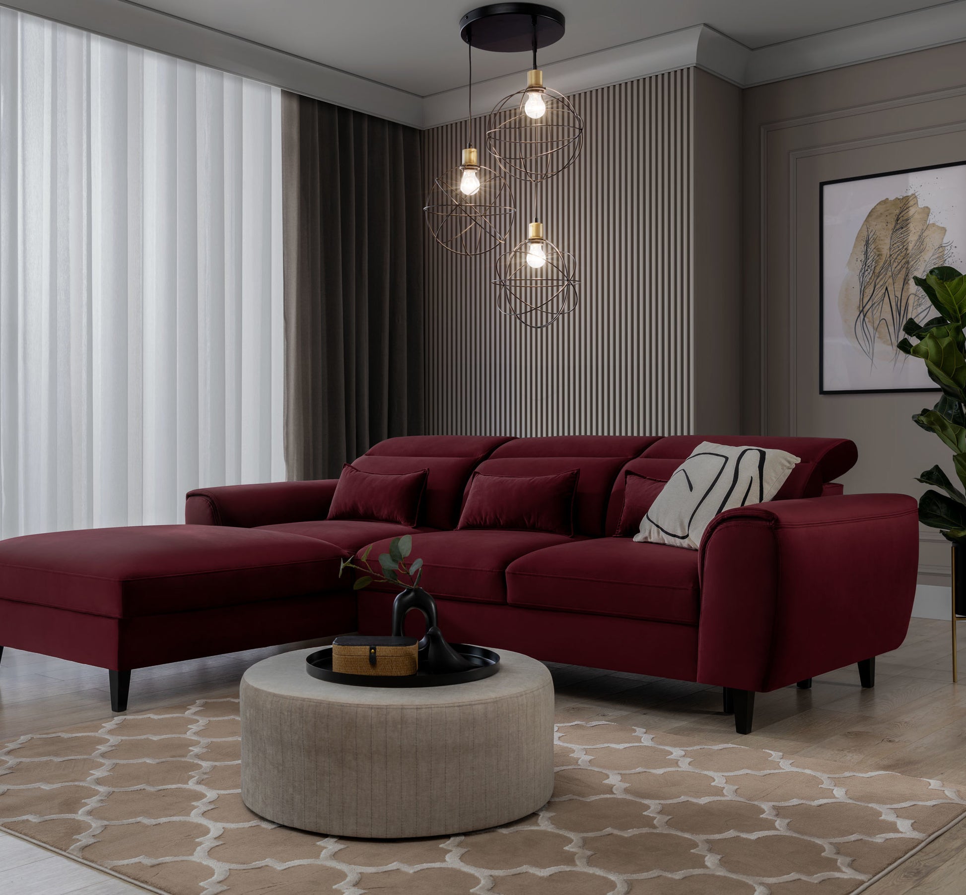 Lampa wisząca potrójna Olinto czarna 52×120 cm – aranżacja w salonie przy zapalonym świetle