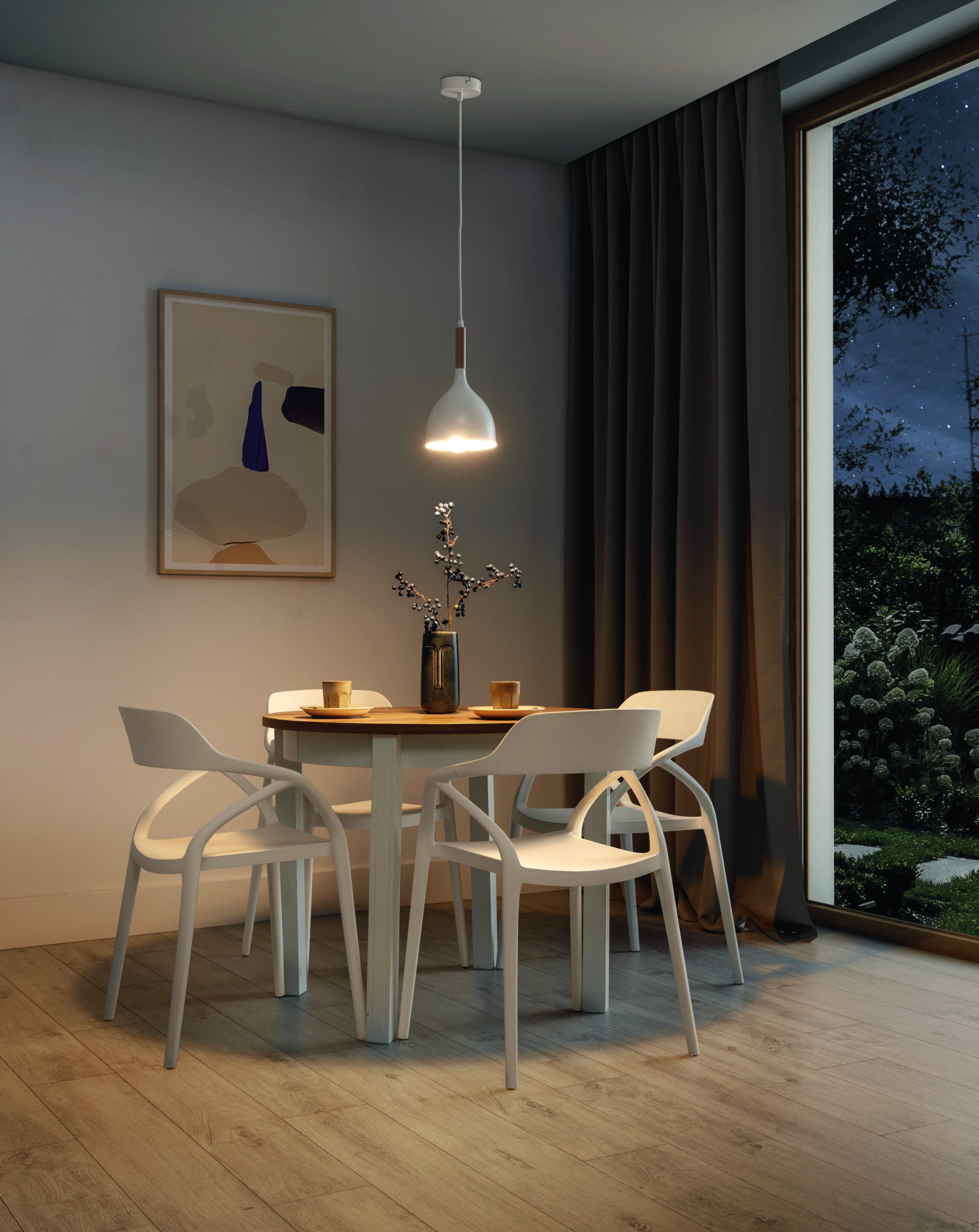 Lampa wisząca Woldes biała 17×110 cm – aranżacja w jadalni przy zapalonym świetle