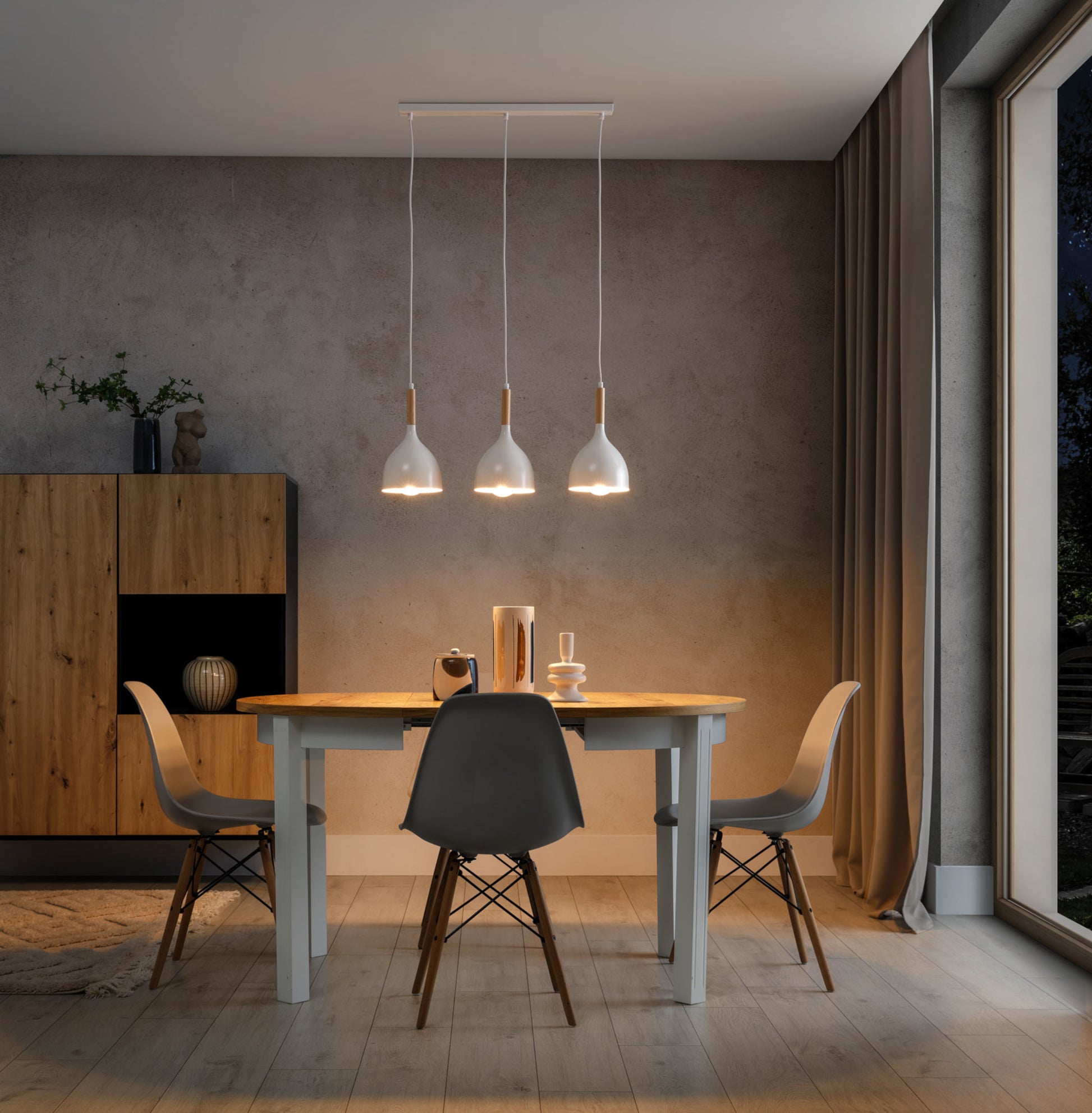 Lampa wisząca Woldes biała 71×110 cm – aranżacja w jasnej jadalni (ujęcie 2)