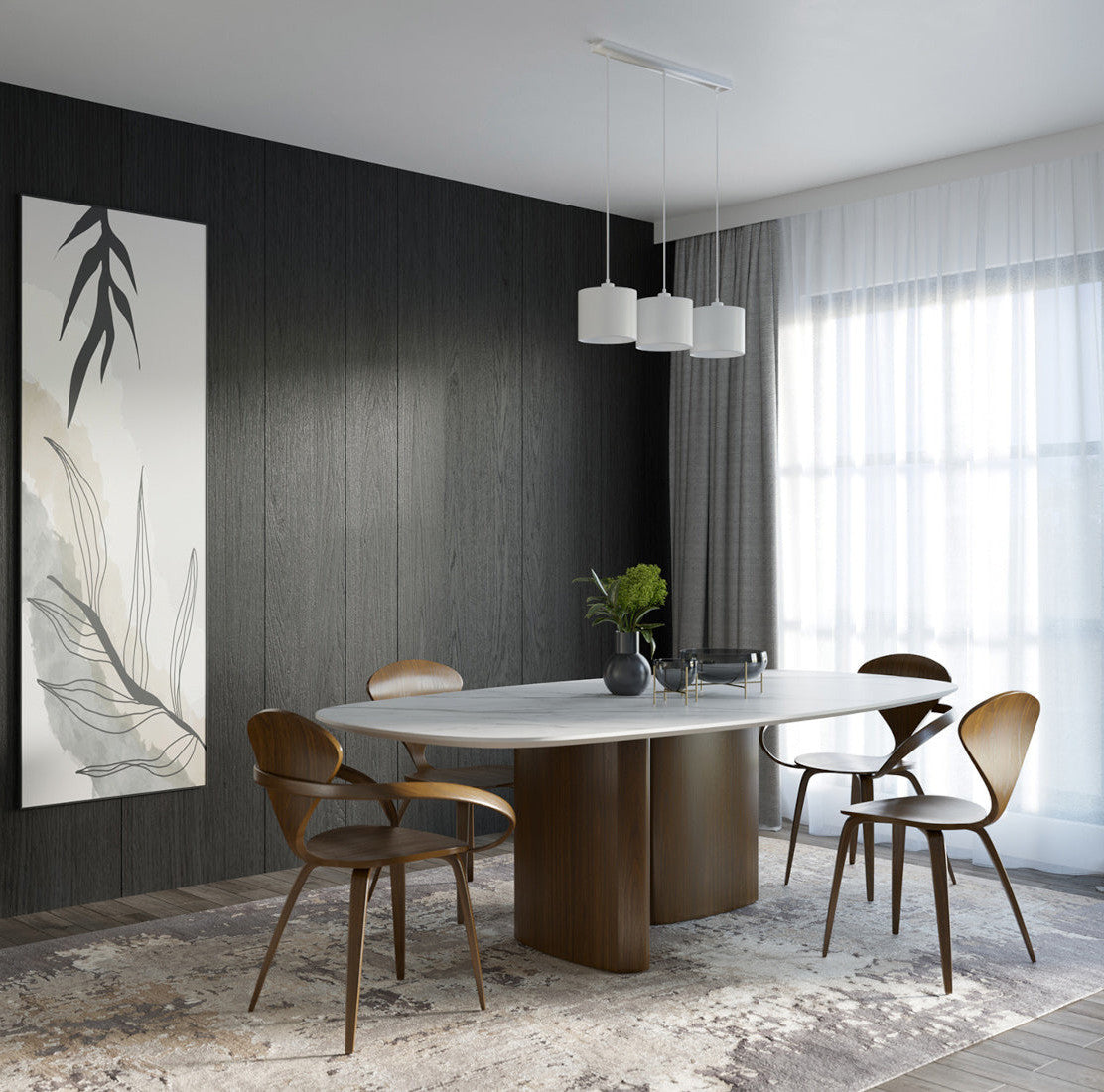 Lampa wisząca Vespillo z trzema białymi abażurami nad marmurowym stołem jadalnianym, otoczonym drewnianymi krzesłami, na tle czarnej, dekoracyjnej ściany i dużego okna z firanami.