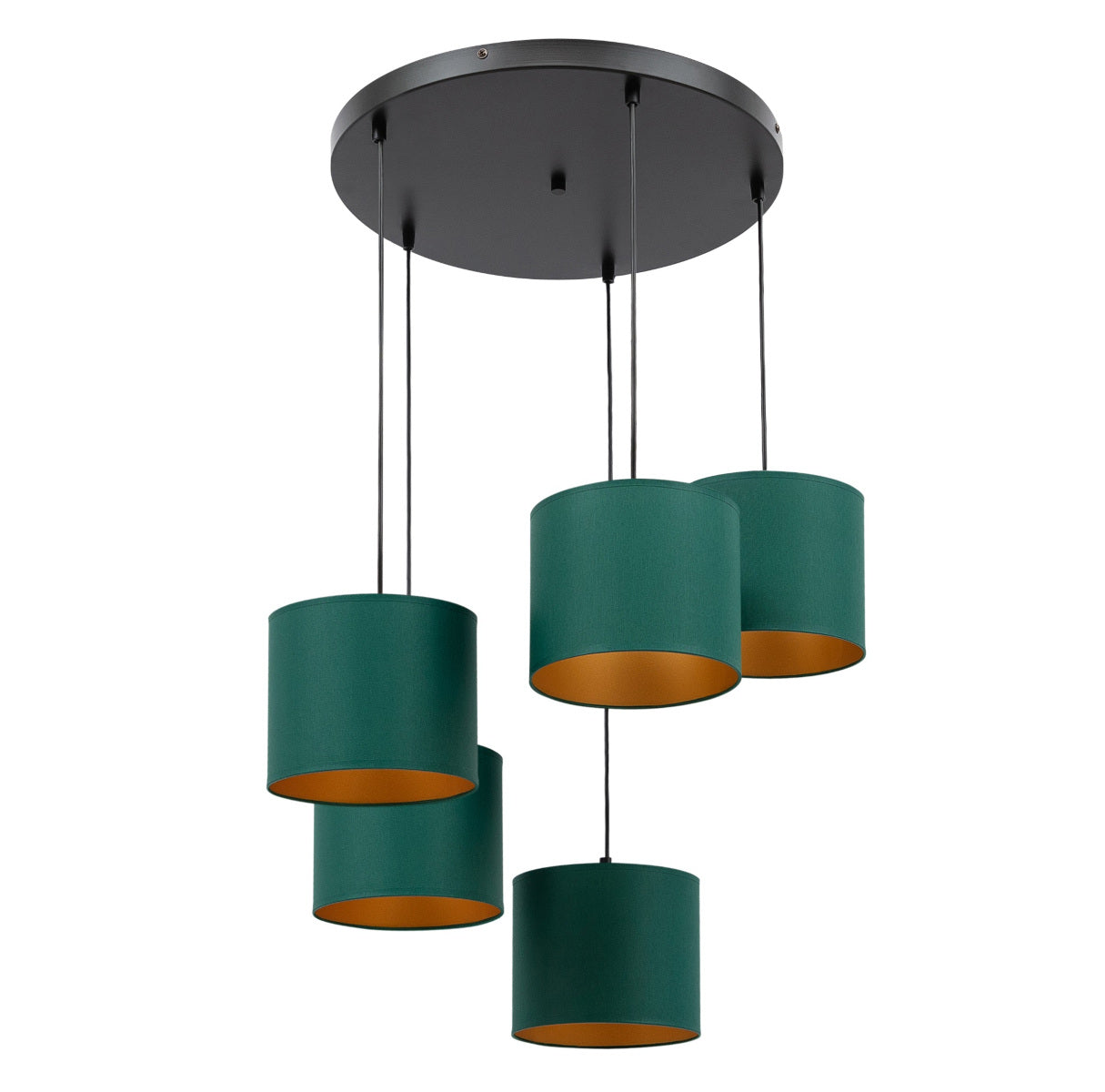 Zielono-złota lampa wisząca Vespillo 5 z pięcioma cylindrycznymi abażurami w odcieniu butelkowej zieleni i metalicznym, złotym wnętrzem, zawieszona na cienkich, czarnych przewodach przy okrągłej, czarnej podsufitce, na jednolitym białym tle.