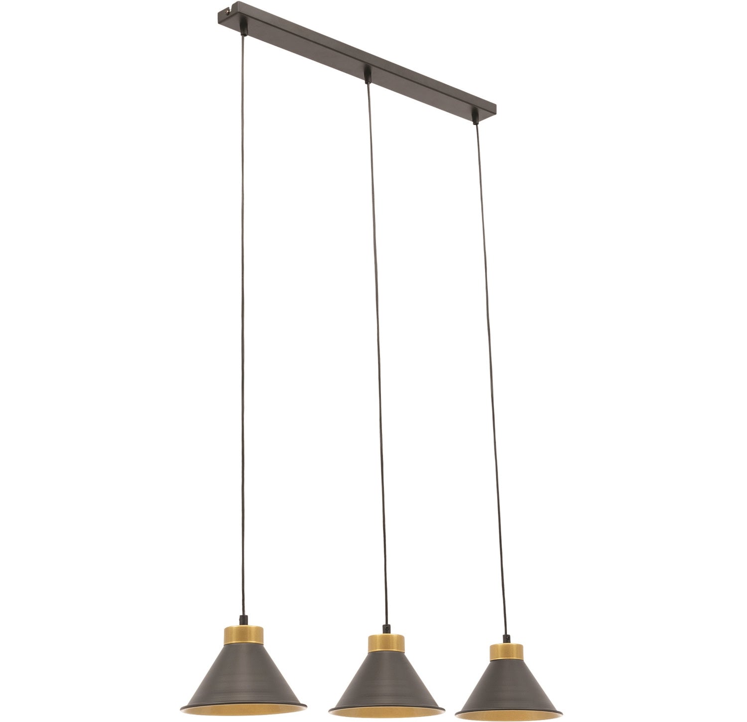 Trójramienna lampa wisząca Detmer 3 w kolorze czarnym z konicznymi kloszami i mosiężnymi oprawami, zawieszona na prostokątnej podsufitce, sfotografowana na białym tle.