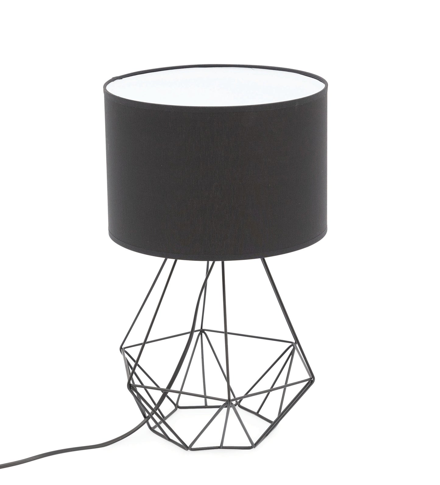 Lampka nocna Benigne 25x25 cm – widok studyjny – nowoczesna lampka stołowa z czarnym abażurem i geometryczną metalową podstawą w stylu loftowym.