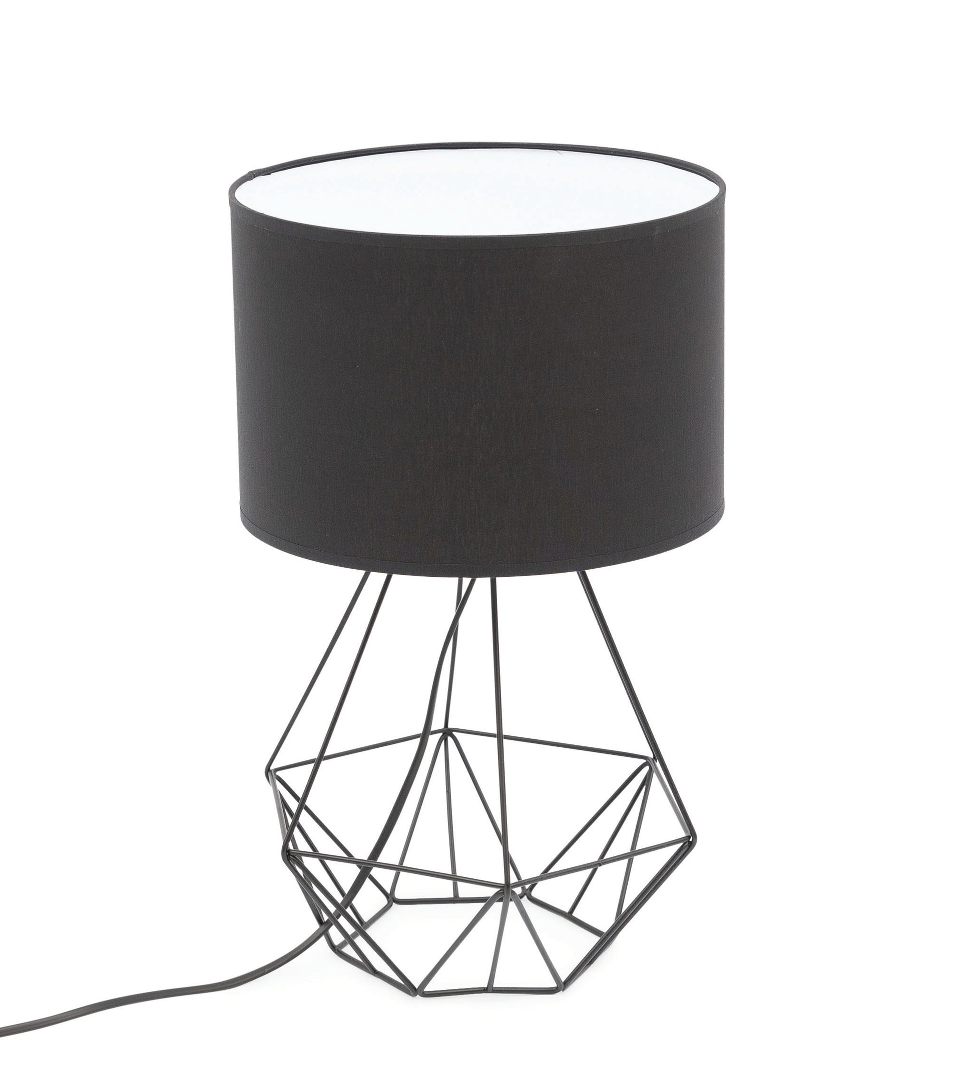 Lampka nocna Benigne 25x25 cm – widok studyjny – nowoczesna lampka stołowa z czarnym abażurem i geometryczną metalową podstawą w stylu loftowym.