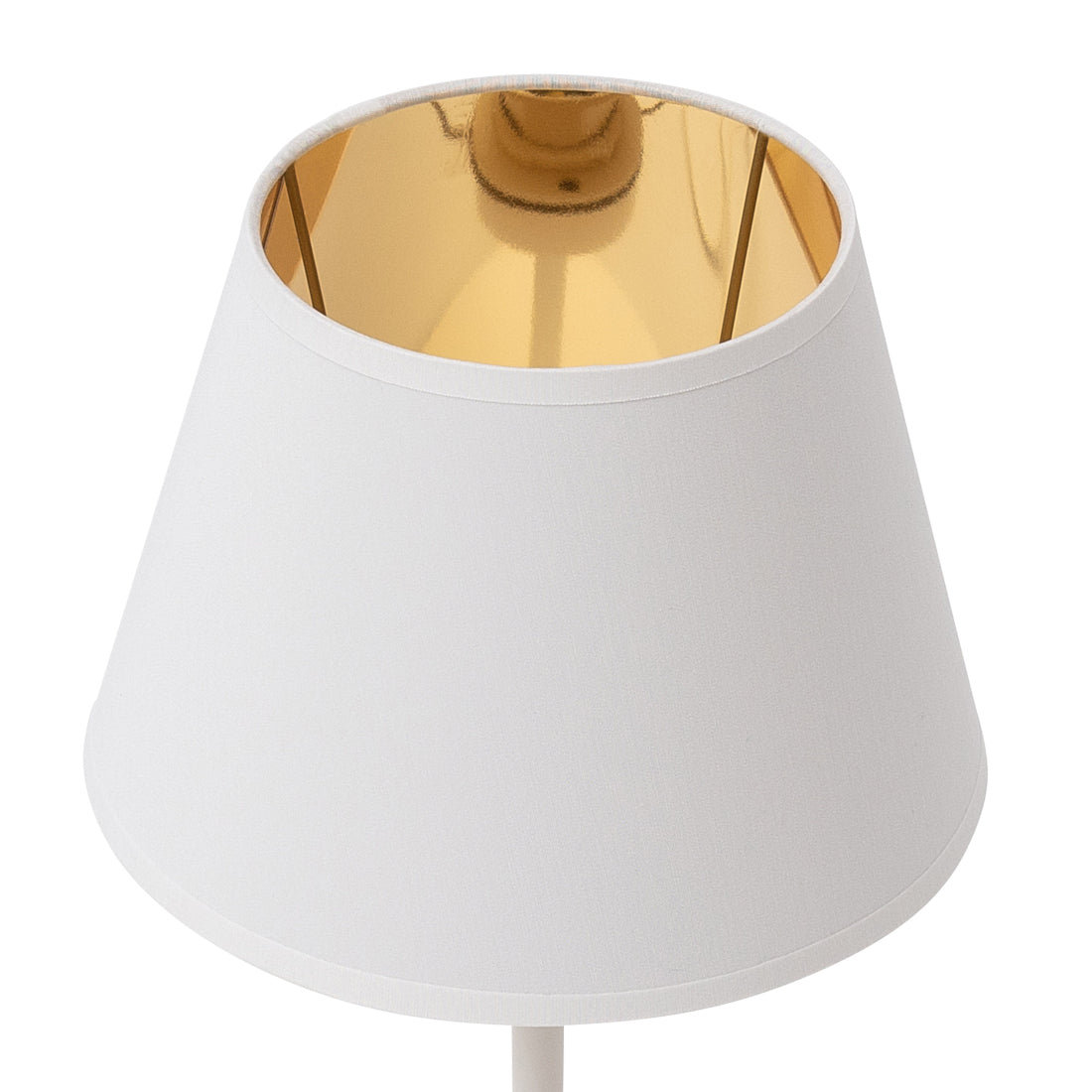 Dolna krawędź białego abażura Vespillo 1a odsłania wewnętrzną, błyszczącą, złotą powłokę, widoczne elementy mocowania żarówki.