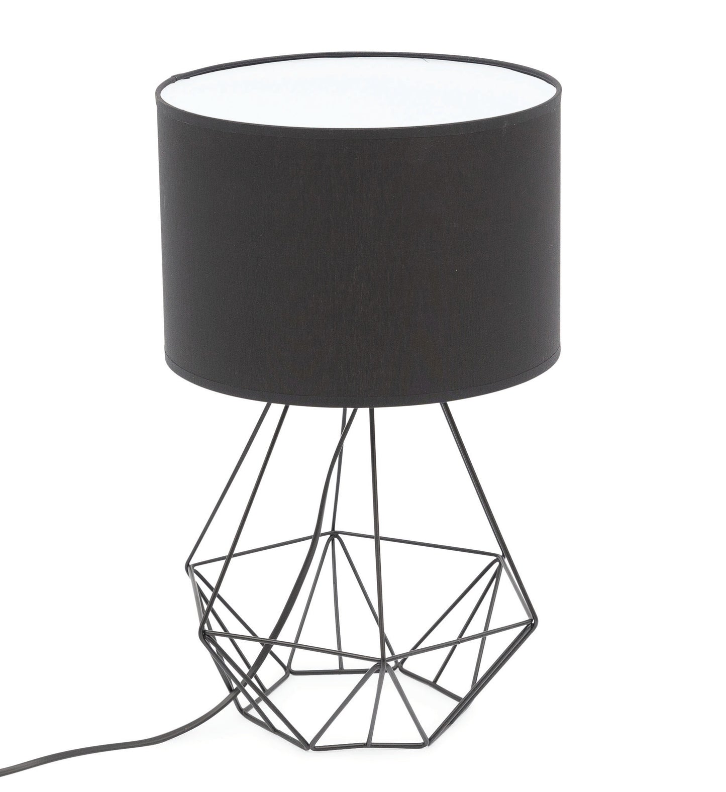 Lampka nocna Brevitas 25x44 cm – widok studyjny – nowoczesna lampka stołowa z czarnym geometrycznym stelażem i cylindrycznym kloszem w stylu loftowym.