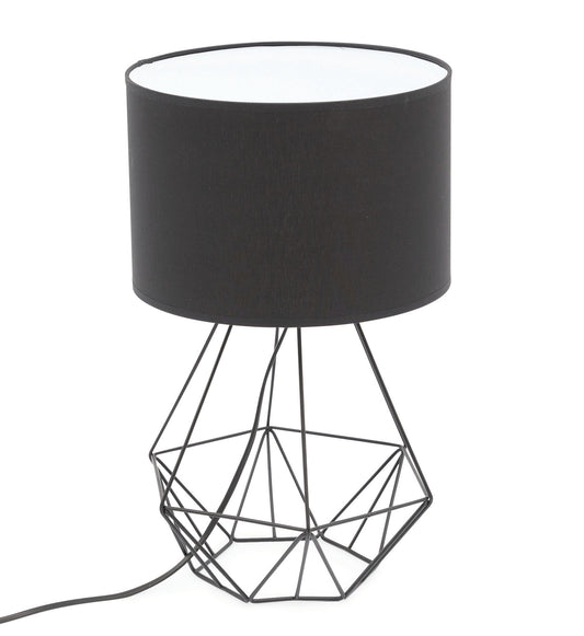 Lampka nocna Brevitas 25x44 cm – widok studyjny – nowoczesna lampka stołowa z czarnym geometrycznym stelażem i cylindrycznym kloszem w stylu loftowym.