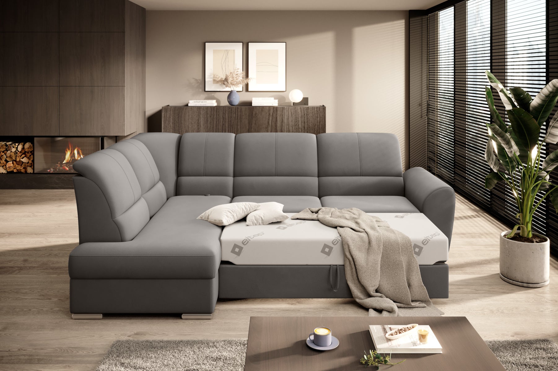 Nowoczesny narożnik do salonu Siber w jasnoszarym odcieniu Loco 04 to wygodna sofa wypoczynkowa, która łączy funkcjonalność z subtelnym designem dopasowanym do wielu aranżacji.