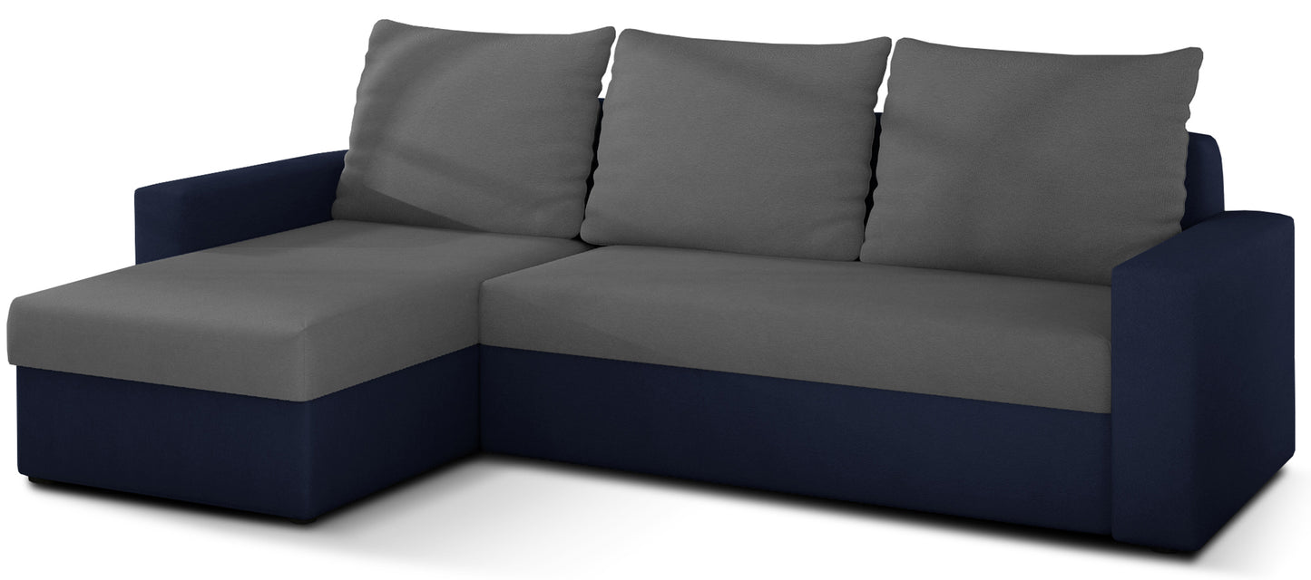Narożnik Livio w tkaninie Alova 10 szary / Alova 79 granatowy – ujęcie produktowe na białym tle.