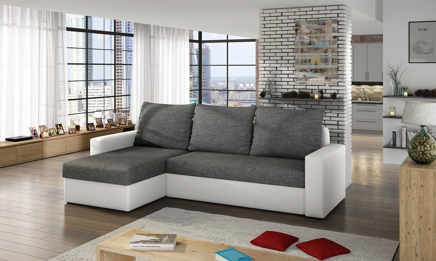 Narożnik Livio ciemnoszary/biały – aranżacja przestronnego salonu.