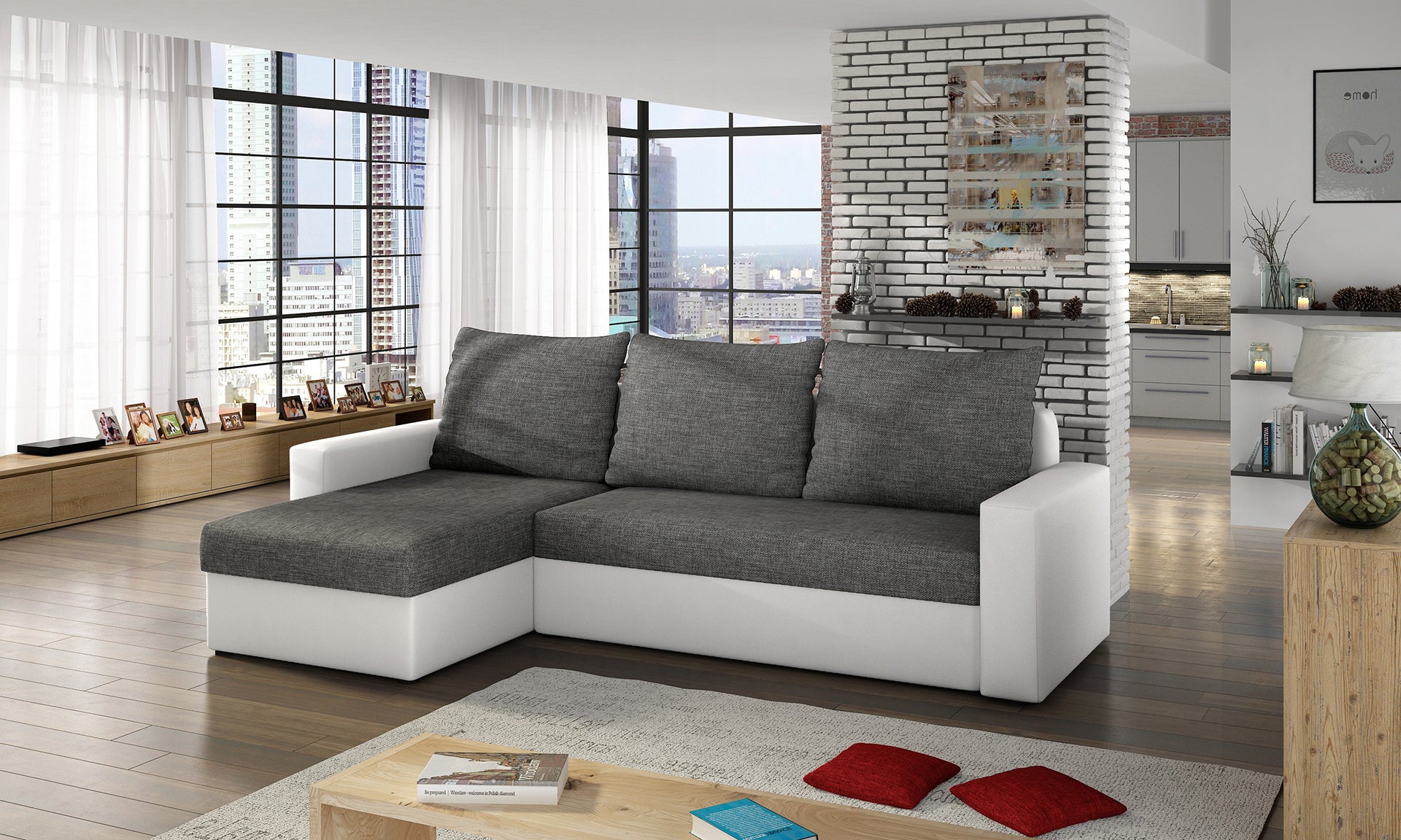 Narożnik Livio ciemnoszary/biały – aranżacja przestronnego salonu.