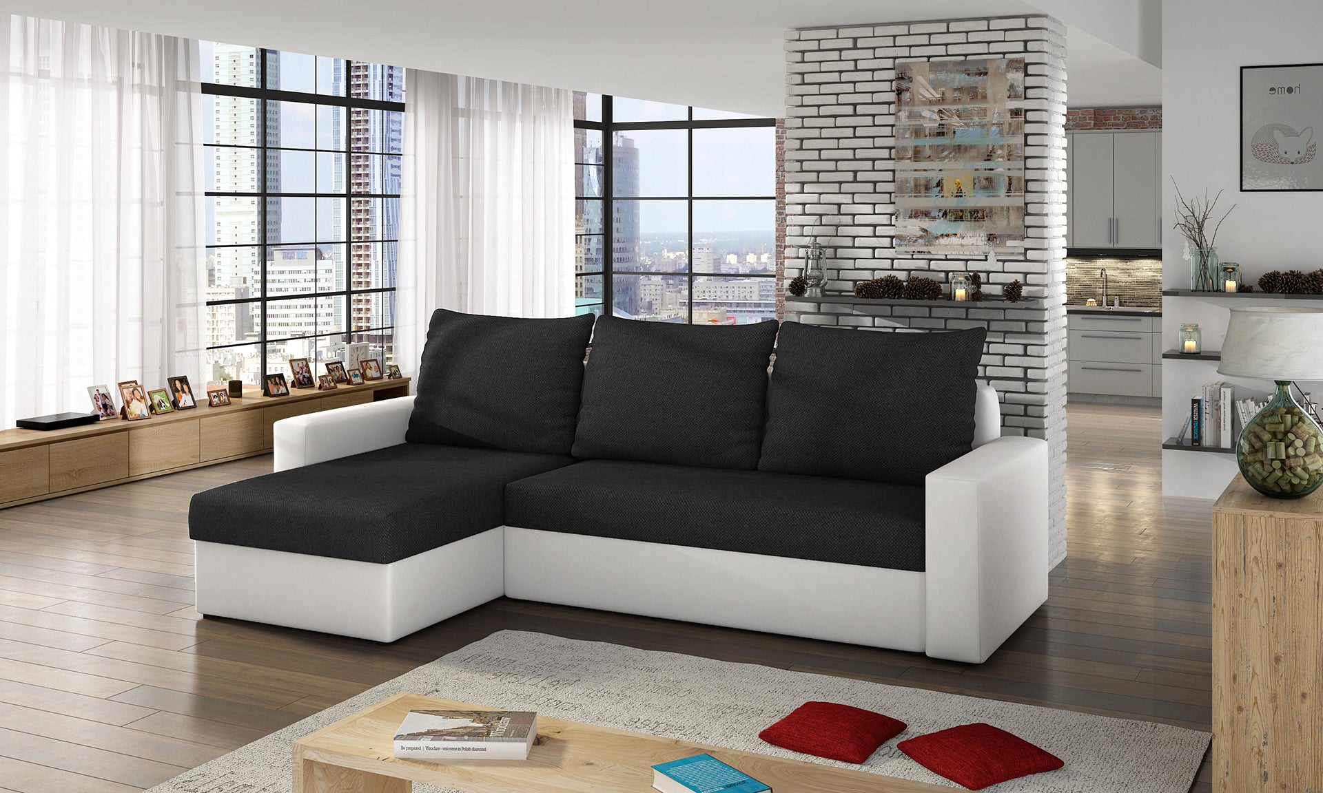 Narożnik Livio czarny/biały – aranżacja salonu, styl nowoczesny.