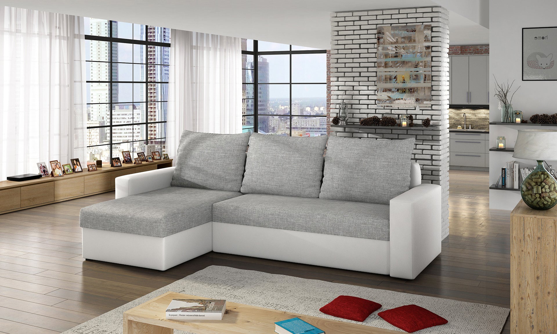 Narożnik Livio szary/biały – aranżacja salonu w jasnych barwach.