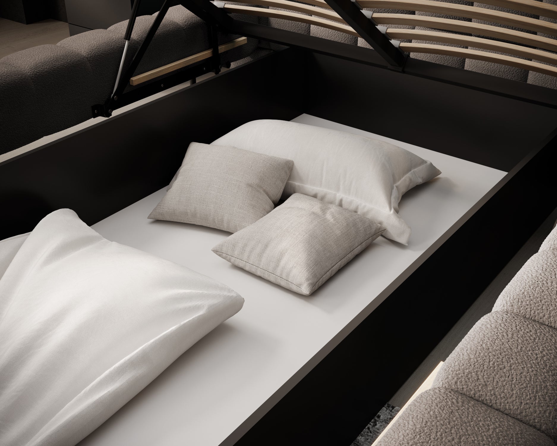 Pojemnik na pościel łóżka Magentta w tkaninie Amore 20 jasnobrązowy, przestronne wnętrze z poduszkami i otwartym metalowym stelażem.