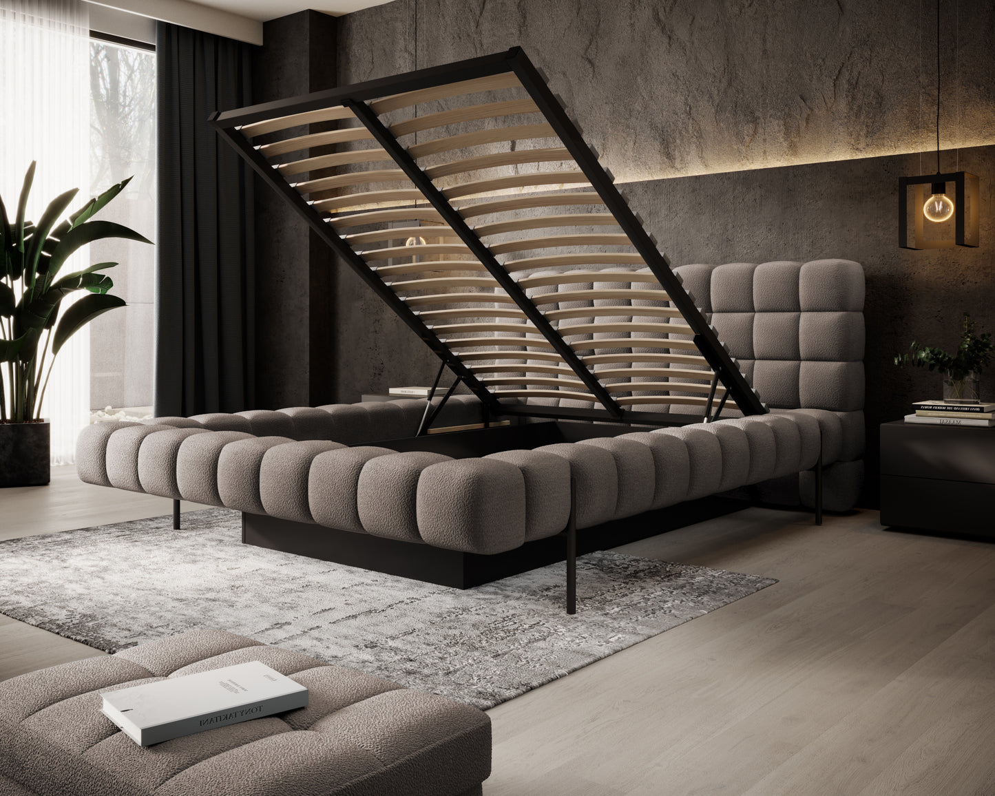 Łóżko Magentta 140x200 w tkaninie Amore 20 jasnobrązowy z otwartym stelażem i pojemnikiem, nowoczesna sypialnia w loftowym stylu.