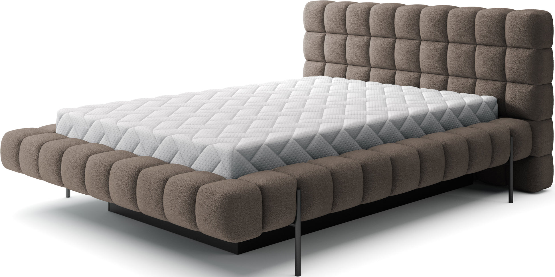 Łóżko Magentta w tkaninie Amore 20 jasnobrązowy, z pikowanym zagłówkiem, w rozmiarze 140x200, nowoczesne i stylowe do sypialni.