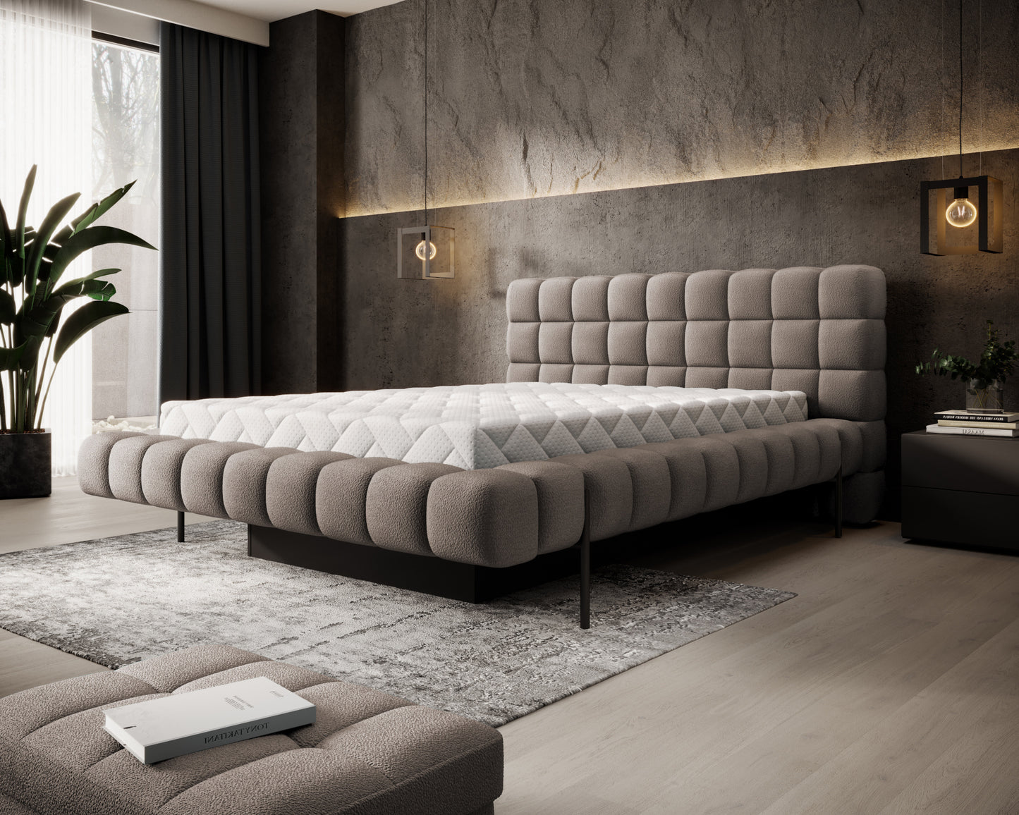 Łóżko Magentta 160x200 w tkaninie Amore 20 jasnobrązowy z pikowanym zagłówkiem i materacem, elegancka sypialnia w nowoczesnym stylu.