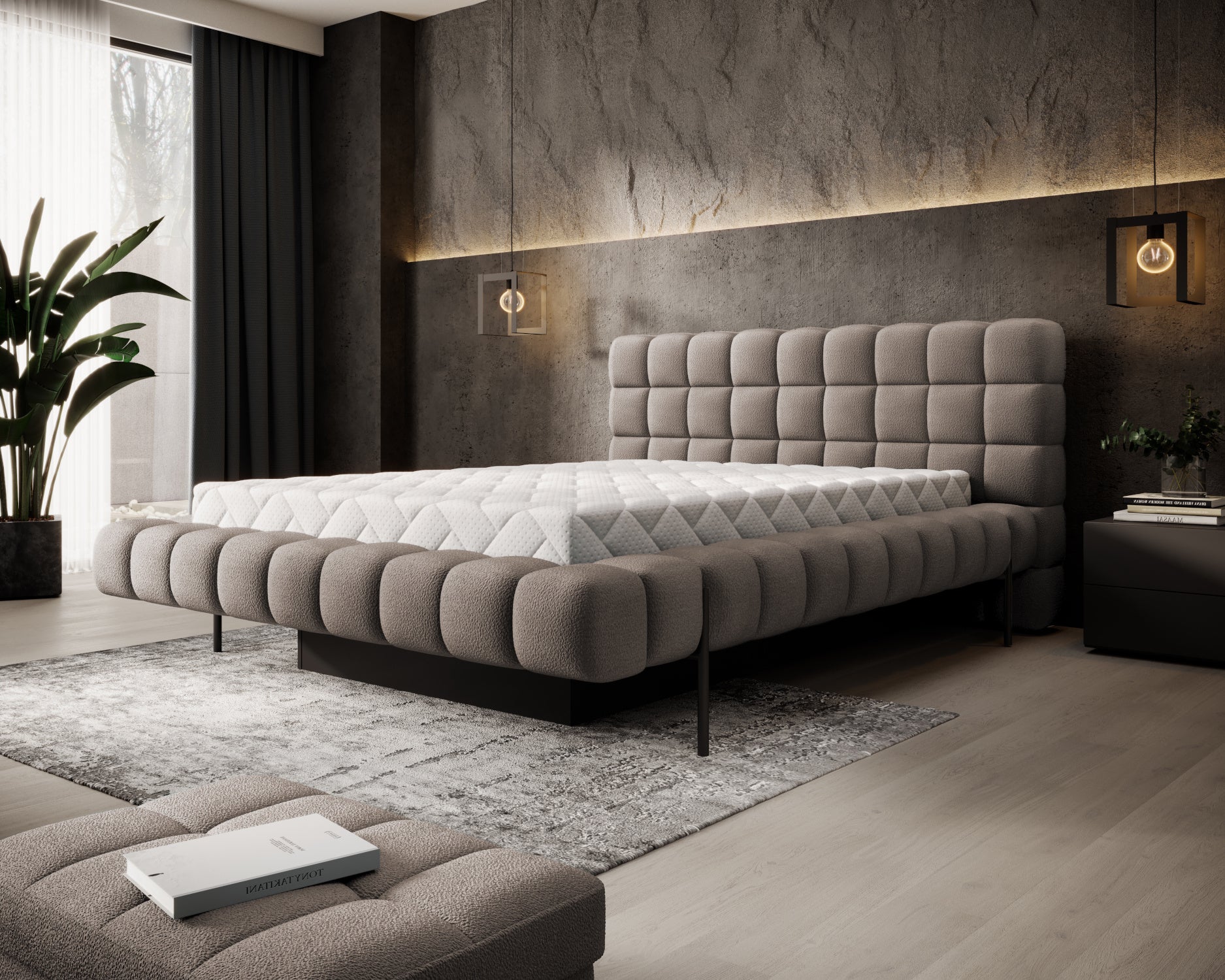 Łóżko Magentta 160x200 w tkaninie Amore 20 jasnobrązowy z pikowanym zagłówkiem i materacem, elegancka sypialnia w nowoczesnym stylu.