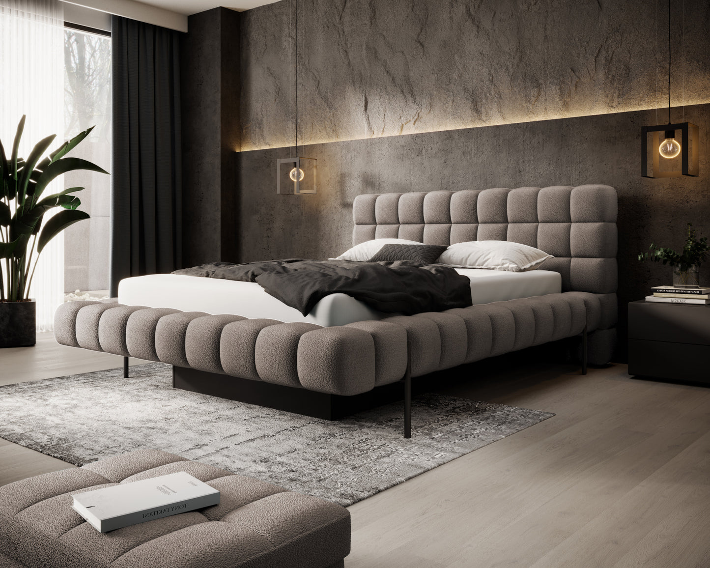 Łóżko Magentta 180x200 w tkaninie Amore 20 jasnobrązowy z pikowanym zagłówkiem, elegancka rama w nowoczesnej sypialni z loftowym klimatem.