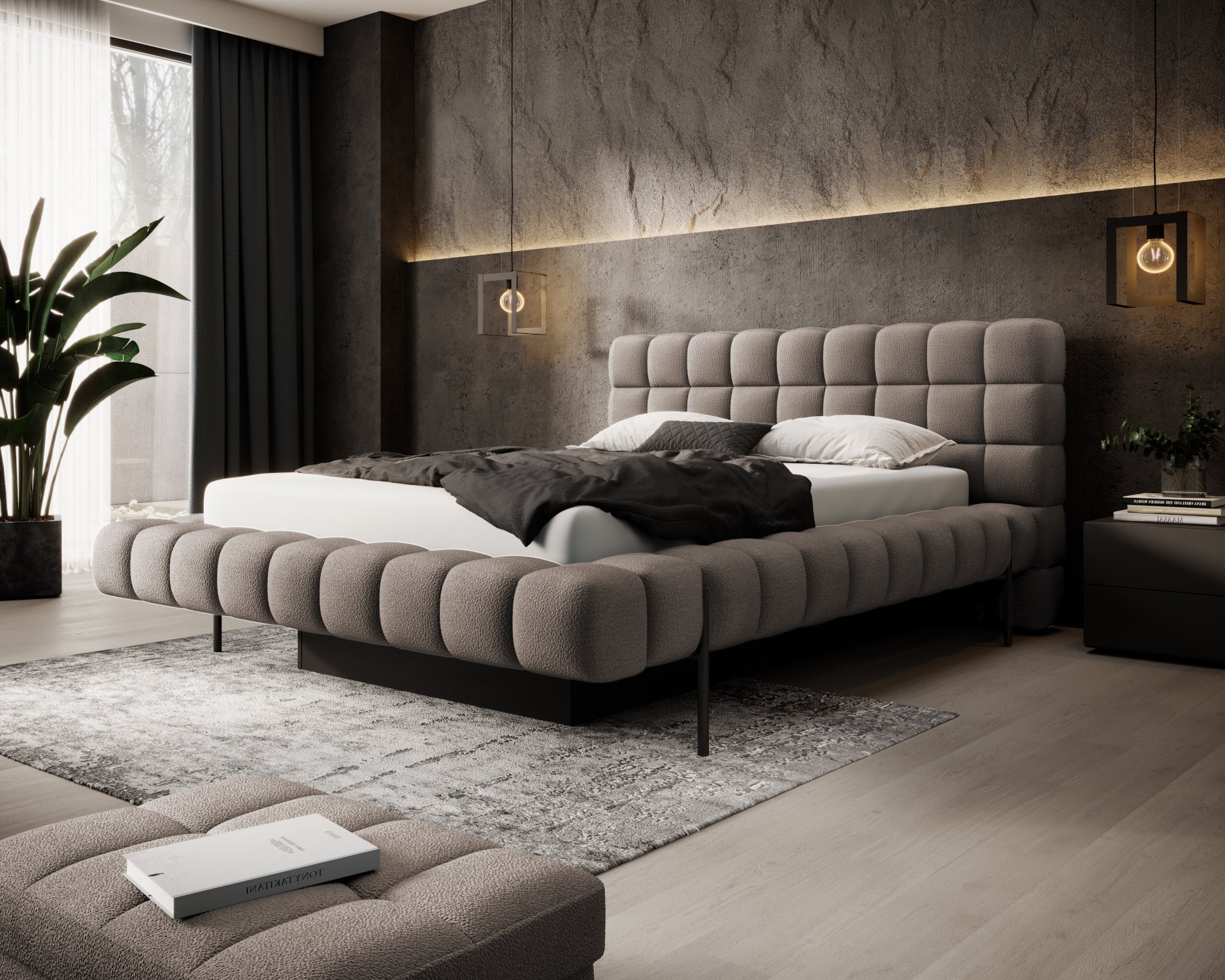 Łóżko Magentta 180x200 w tkaninie Amore 20 jasnobrązowy z pikowanym zagłówkiem, elegancka rama w nowoczesnej sypialni z loftowym klimatem.