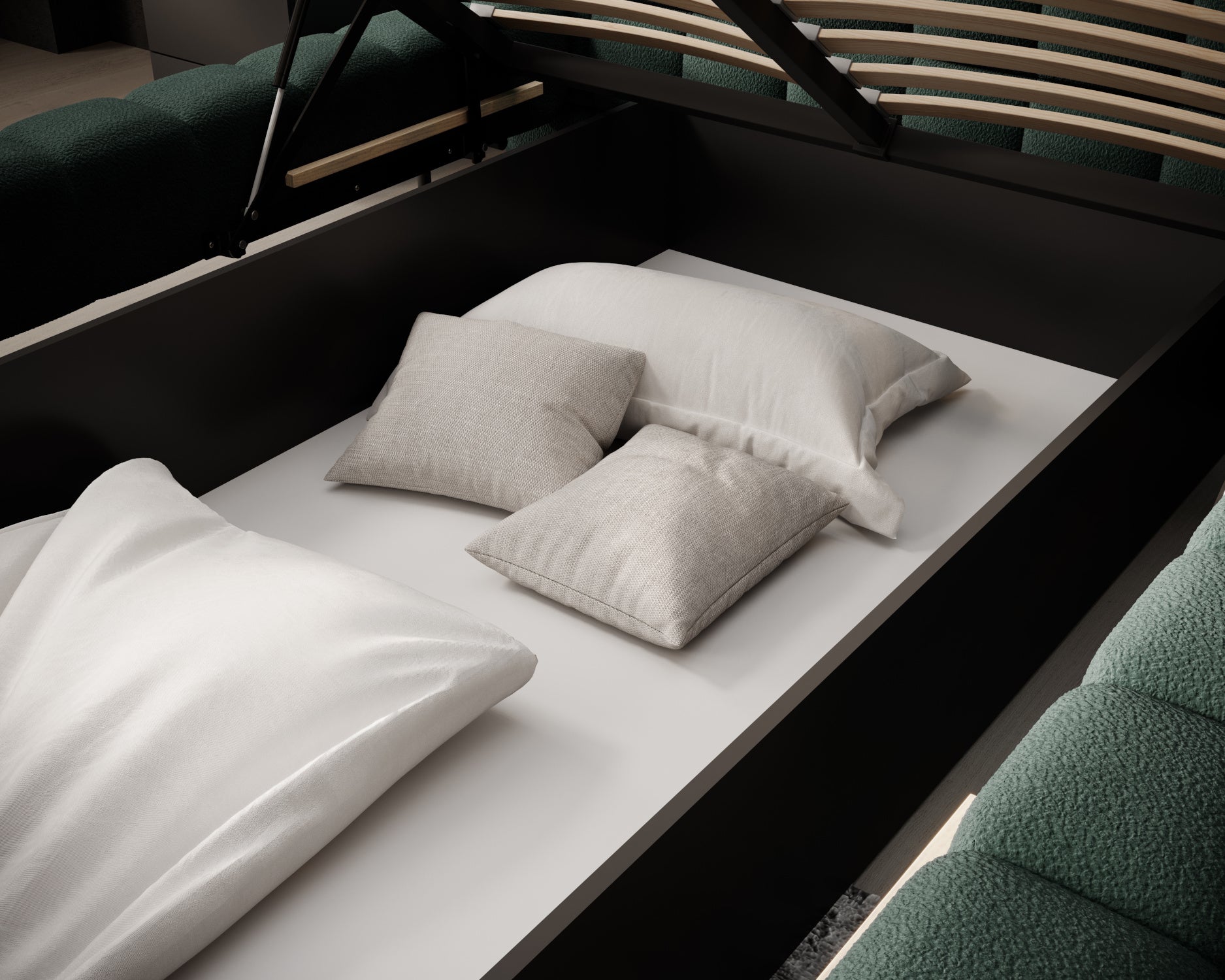 Pojemnik na pościel w łóżku Magentta z unoszonym stelażem, wykończony w eleganckiej tkaninie w kolorze ciemnej zieleni, z poduszkami w środku.