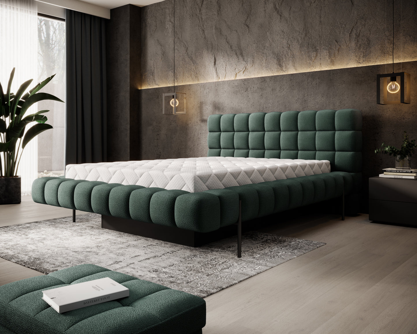 Łóżko Magentta 140x200 w tkaninie Amore 35 ciemnozielony z materacem i zagłówkiem, elegancka loftowa aranżacja nowoczesnej sypialni.