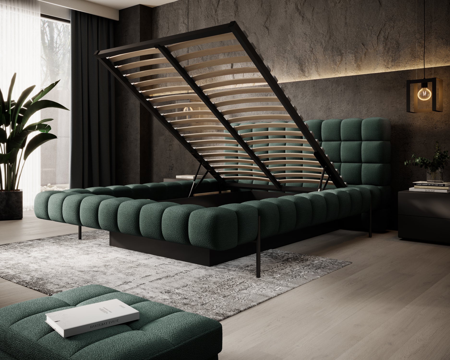 Łóżko Magentta z otwartym stelażem i pojemnikiem na pościel, tapicerowane w ciemnozielonej tkaninie, idealne do eleganckiej sypialni.
