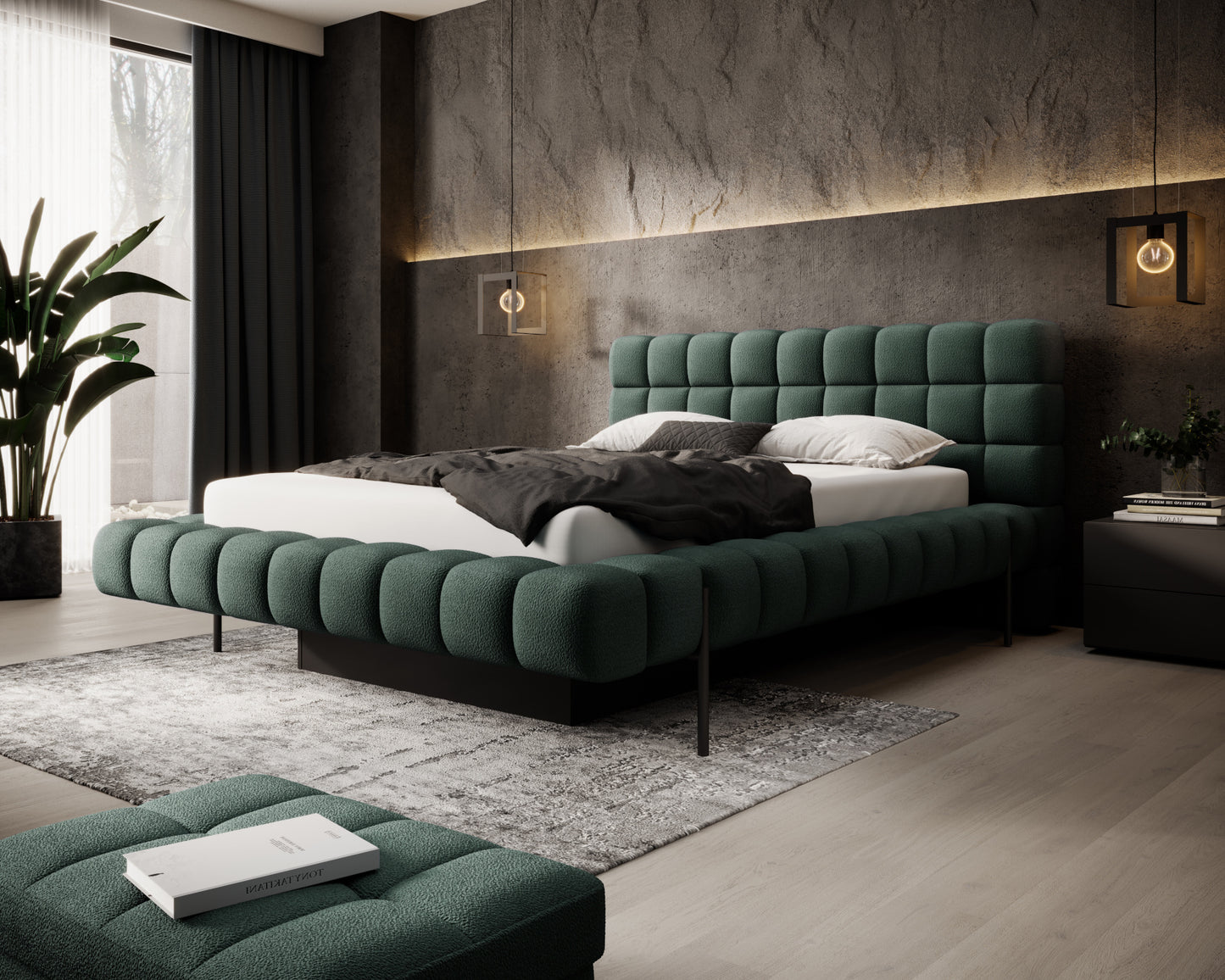 Łóżko Magentta 140x200 w tkaninie Amore 35 ciemnozielony z pikowanym zagłówkiem, stylowa rama w loftowej sypialni z eleganckim wystrojem.