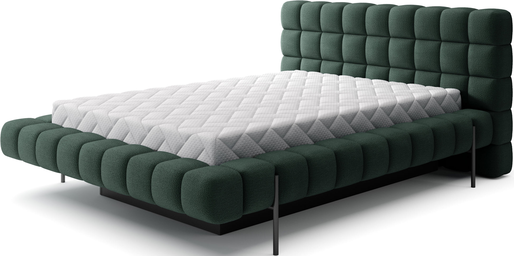 Łóżko Magentta w tkaninie Amore 35 ciemnozielony, z pikowanym zagłówkiem, w rozmiarze 140x200, nowoczesne i stylowe do sypialni.