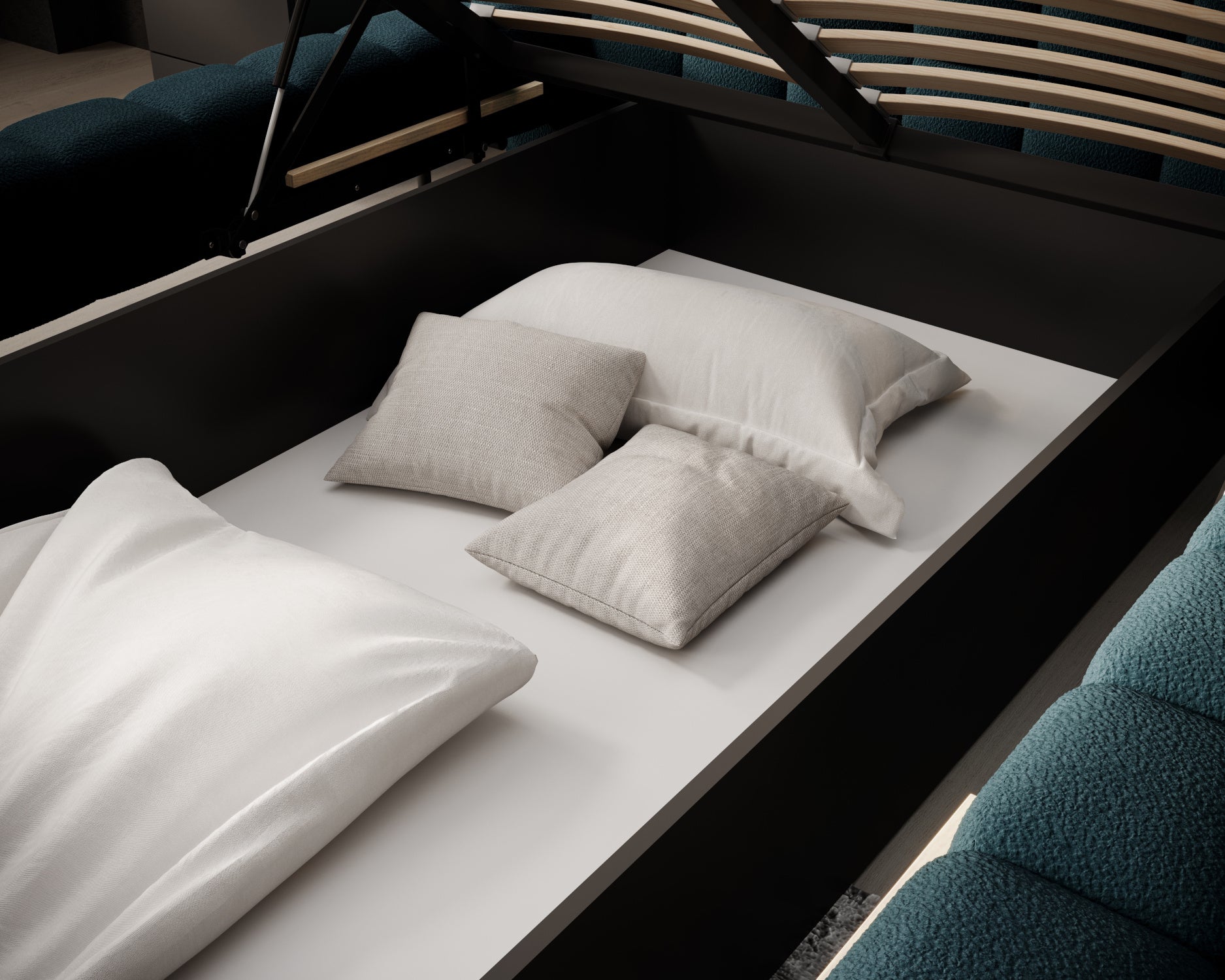 Pojemnik na pościel łóżka Magentta w tkaninie Amore 40 granatowy – praktyczne miejsce do przechowywania pod materacem.