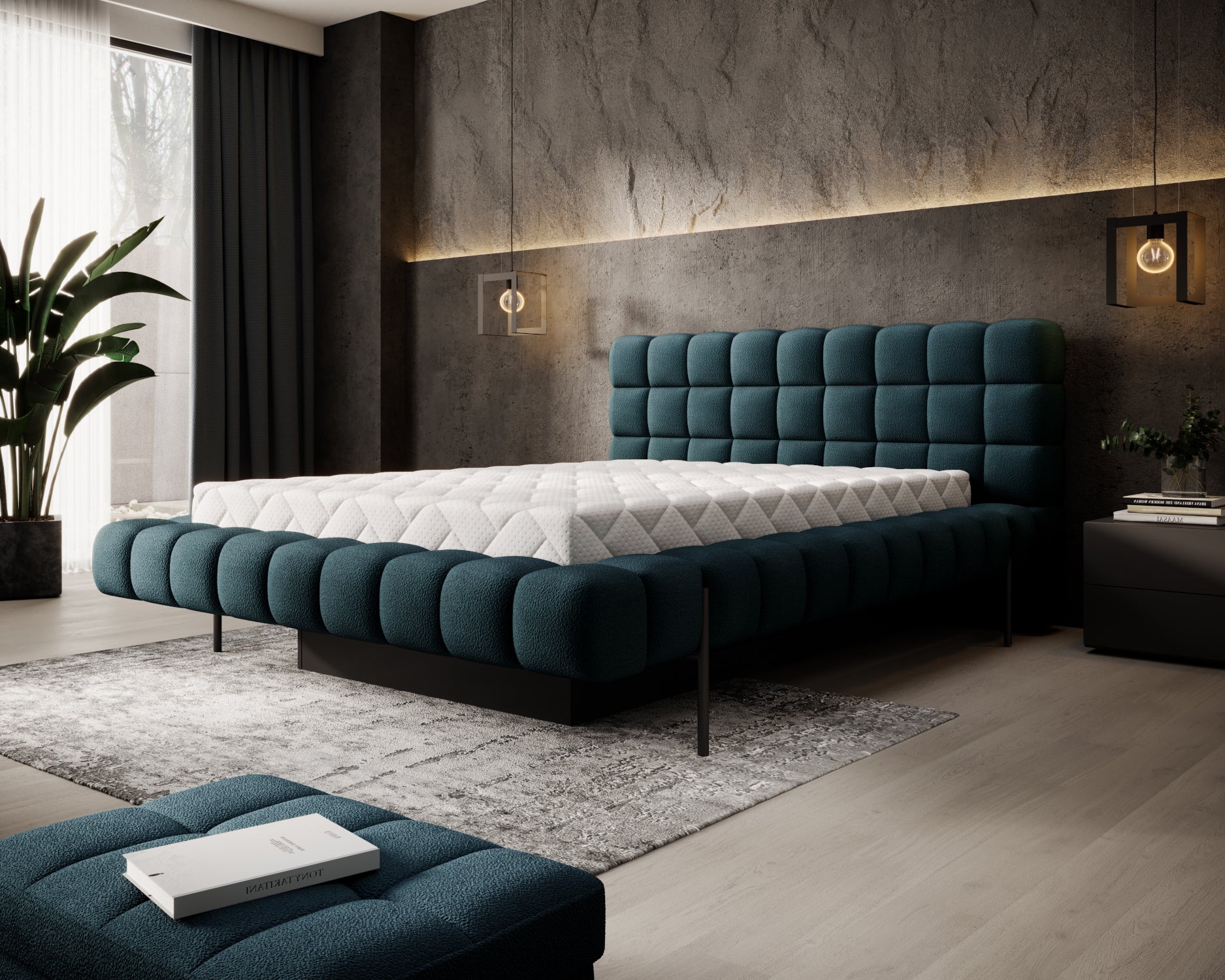 Nowoczesne łóżko Magentta z tapicerowanym zagłówkiem w tkaninie Amore 40 granatowy, zaprezentowane z materacem w stylowej sypialni.