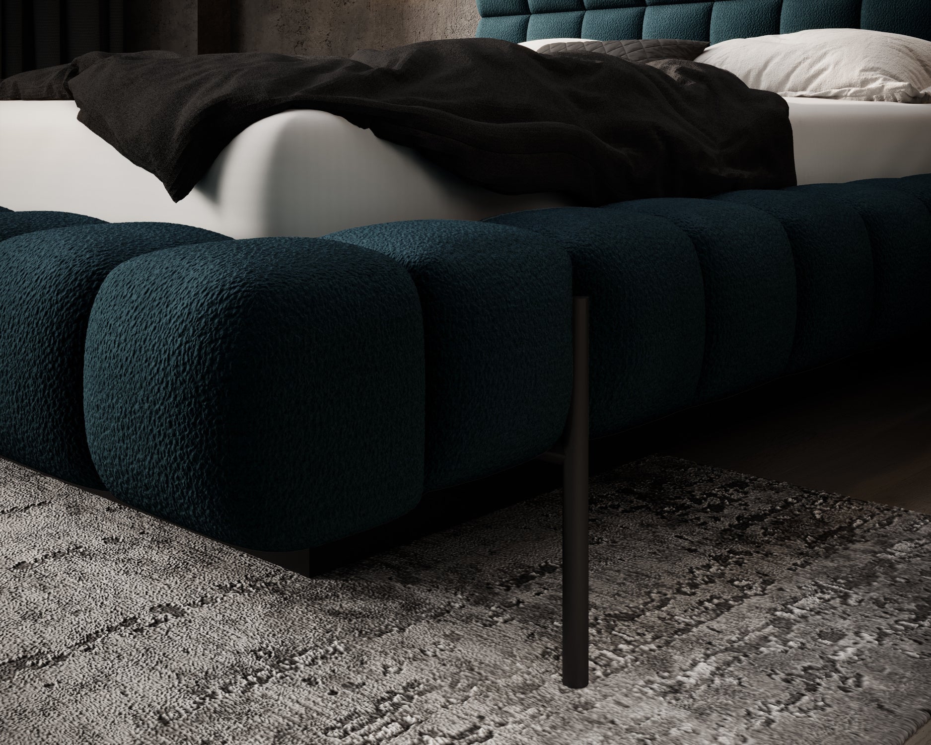 Narożnik łóżka Magentta w tkaninie Amore 40 granatowy z detalem metalowej nogi i pikowanego wykończenia.