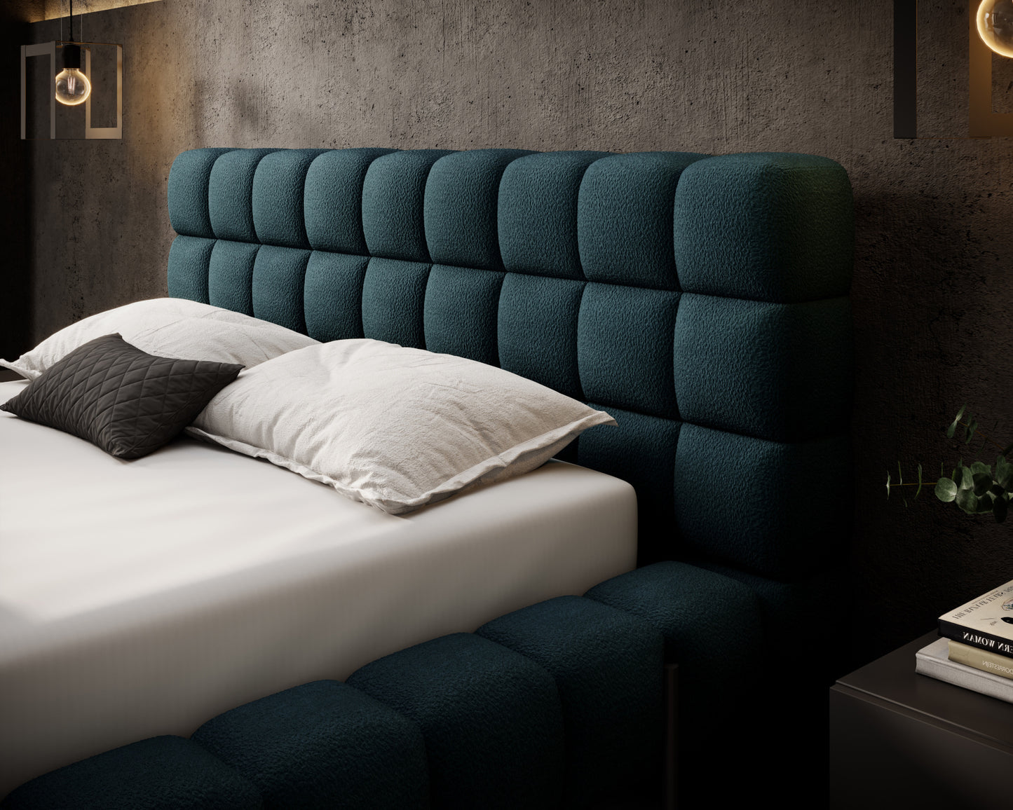 Wezgłowie łóżka Magentta w tkaninie Amore 40 granatowy – miękkie, pikowane oparcie w eleganckiej, nowoczesnej aranżacji.